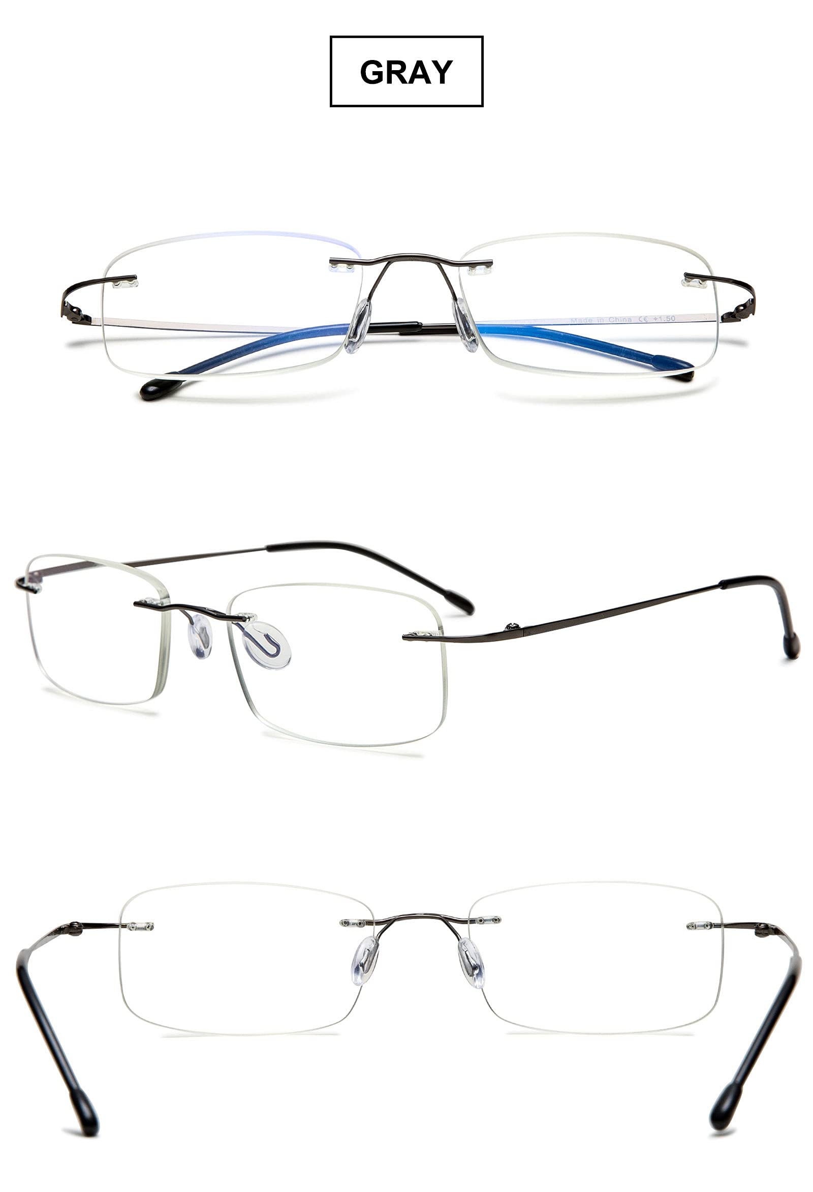 VEVESMUNDO Lesebrille Randlos Blaulichtfilter Titan Leicht Flexibel Modern Rahmenlos Lesehilfe Sehhilfe (1 Stück Grau, 0.0)