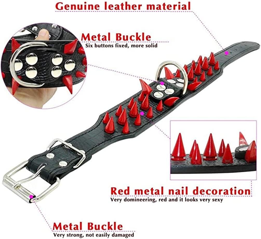 Hotlion Sharp Spiked Dog Collar 2 Inch Width Rivet PU Leather Studded Pet Dog Collars Adjustable for Medium Large Dogs Boxer Bulldog Pitbull Labrador (Red,L)
