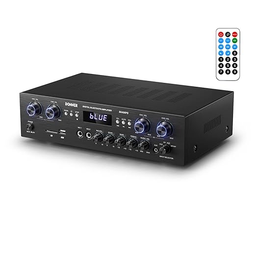 4 Channel Audio Amplifier, Donner Bluetooth 5.0 Audio Power Amplifier, 440W HiFi Amplifier with USB, SD, FM, Echo 2 Inputs Micro, RCA, LED, for Studio, Home, MAMP5