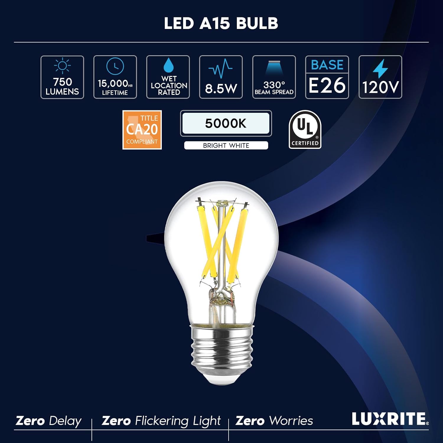 LUXRITE A15 Edison LED Bulb, 60W Equivalent, 8.5W, Dimmable, 5000K Bright White, Enclosed Fixture Rated, 750 Lumens, CRI 90, E26 Base, Clear Glass, Wet Rated, Title 20 Compliant, UL Listed (4 Pack)