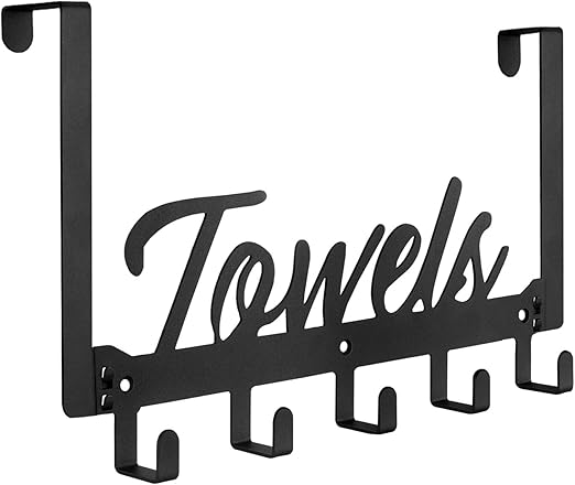 Over The Door Hooks, Towel Rack Towel Hooks for Bathroom, Towel Holder for Hanging Heavy Duty, Door Rack Over Door Hanger with 5 Coat Hooks for Bedroom Bathroom Kitchen, Black