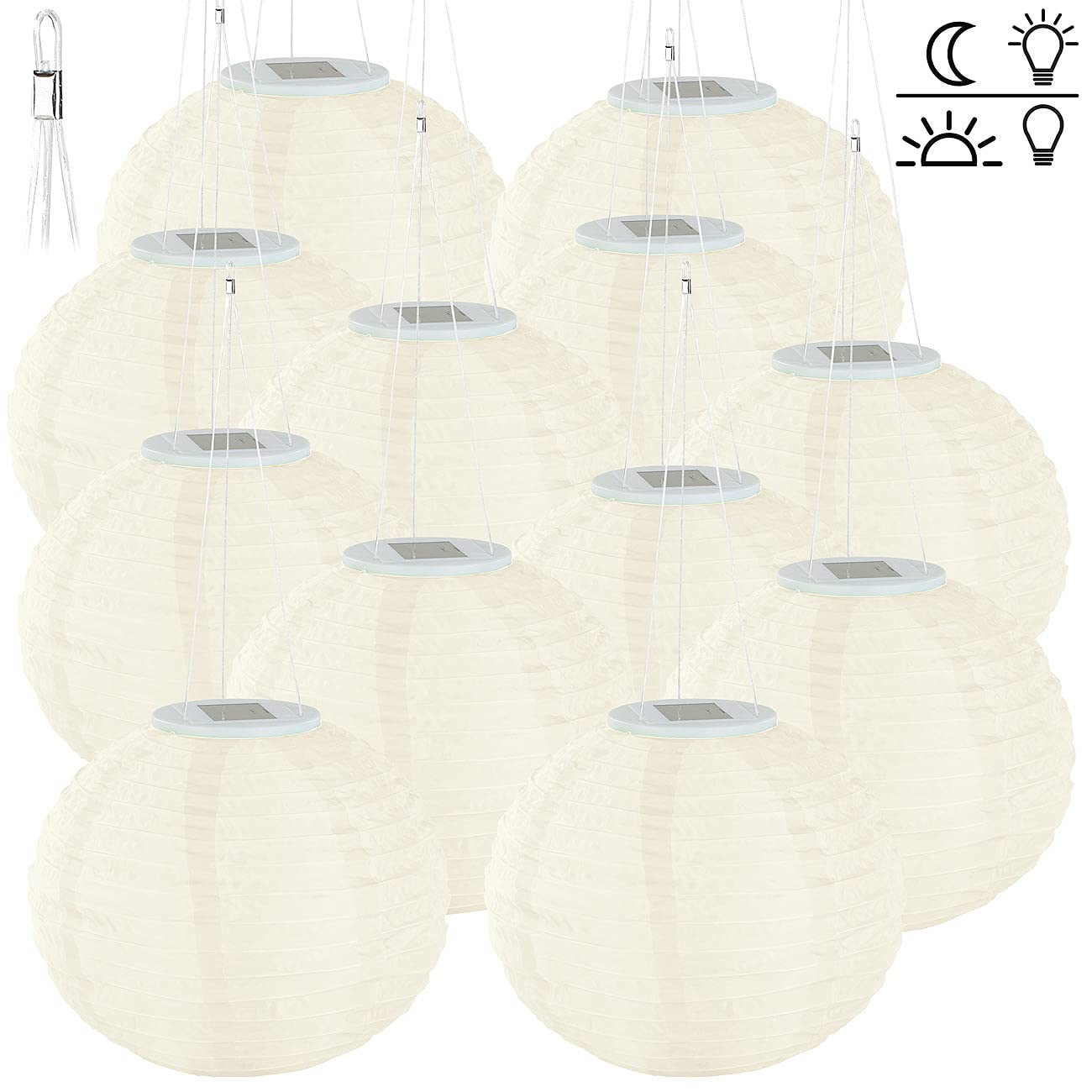 Lunartec Solar Lampions warmweiss: 12er-Set Solar-LED-Lampions, LEDs, Dämmerungs-Sensor, IP44, Ø 30 cm (Garten, Lampignon, Ball)