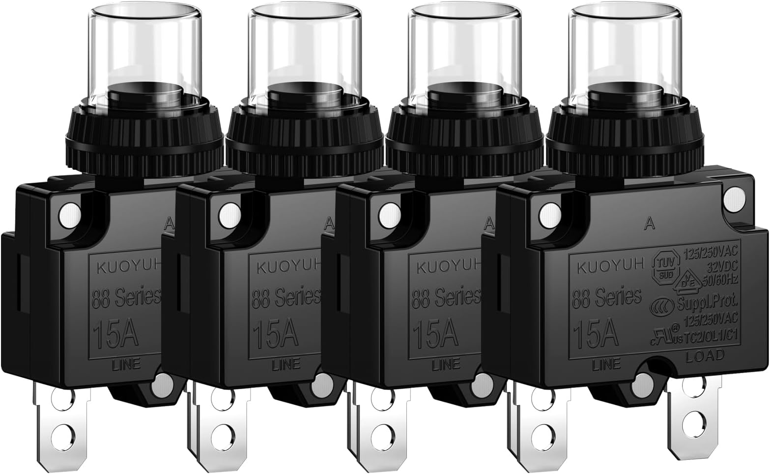 15Amp Circuit Breakers Thermal Overload Switch Protector 88 Series Manual Push Button Reset with Quick Connect Terminals and Waterproof Button Cap 32VDC or 125/250VAC 4PCS
