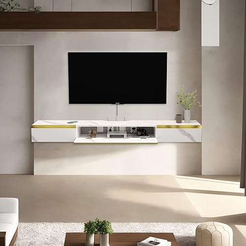Miniatura 6 de Pmnianhua Estante flotante de TV con cajones, consola de TV de madera blanca para dormitorio y sala de estar, montaje en pared con 2 cajones y 1