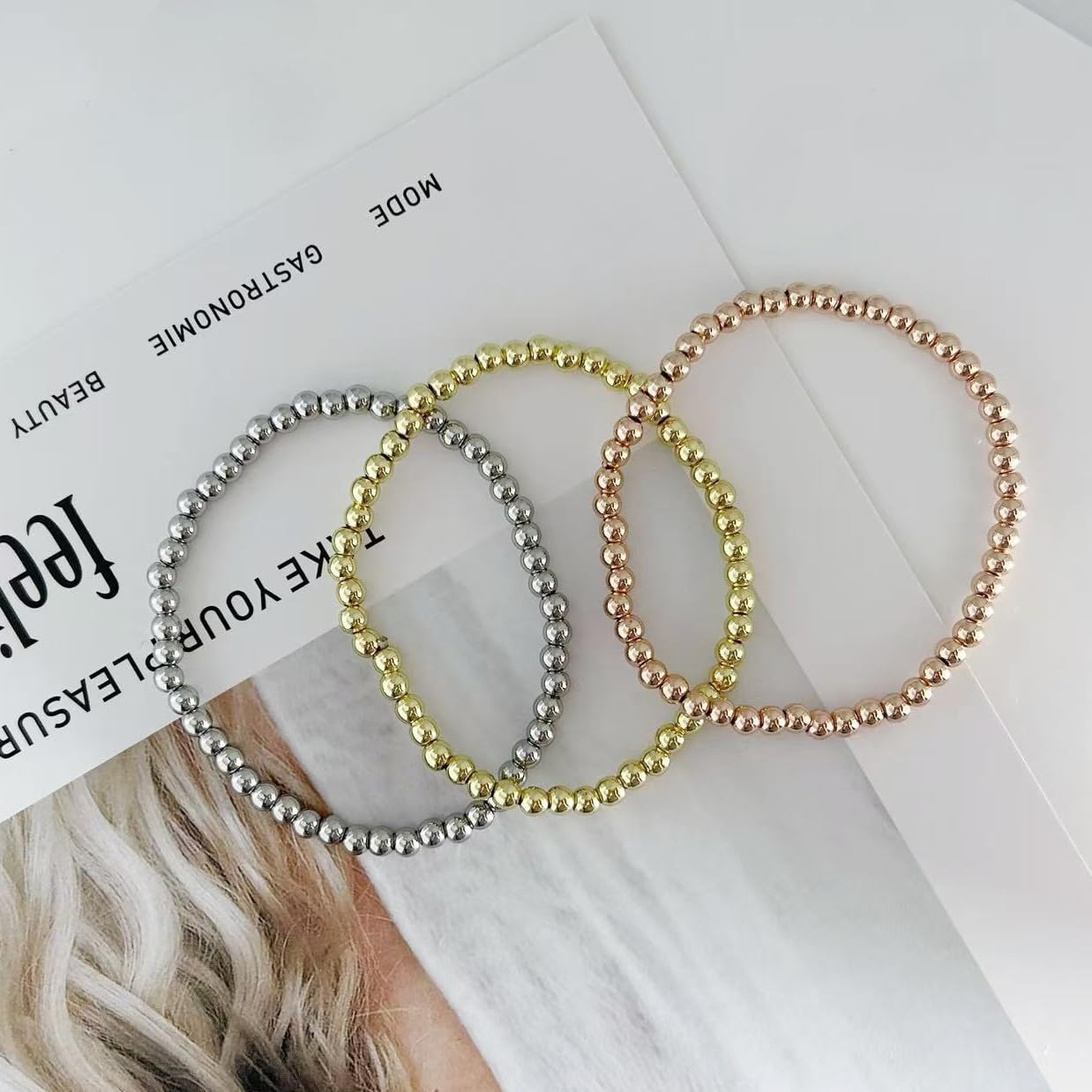 3PCS Elastic Beaded Bracelets for Women, 14K Gold/Rose Gold/Silver Stretch Bracelets, 4mm Small Gold Beaded Chain Adjustable Non Tarnish Handmade Jewelry Gifts - Image 3