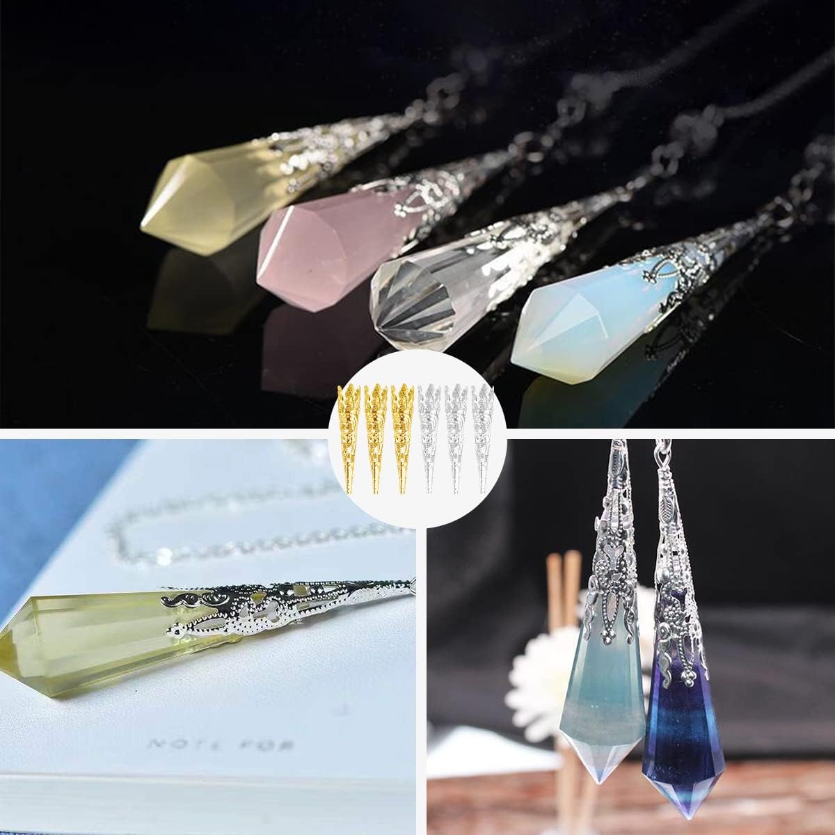 200pcs Gold & Silver Flower Bead Tibetan Style Metal Cones End Caps Flower Petal Spacer Beads for Tassel Jewelry DIY Craft Making