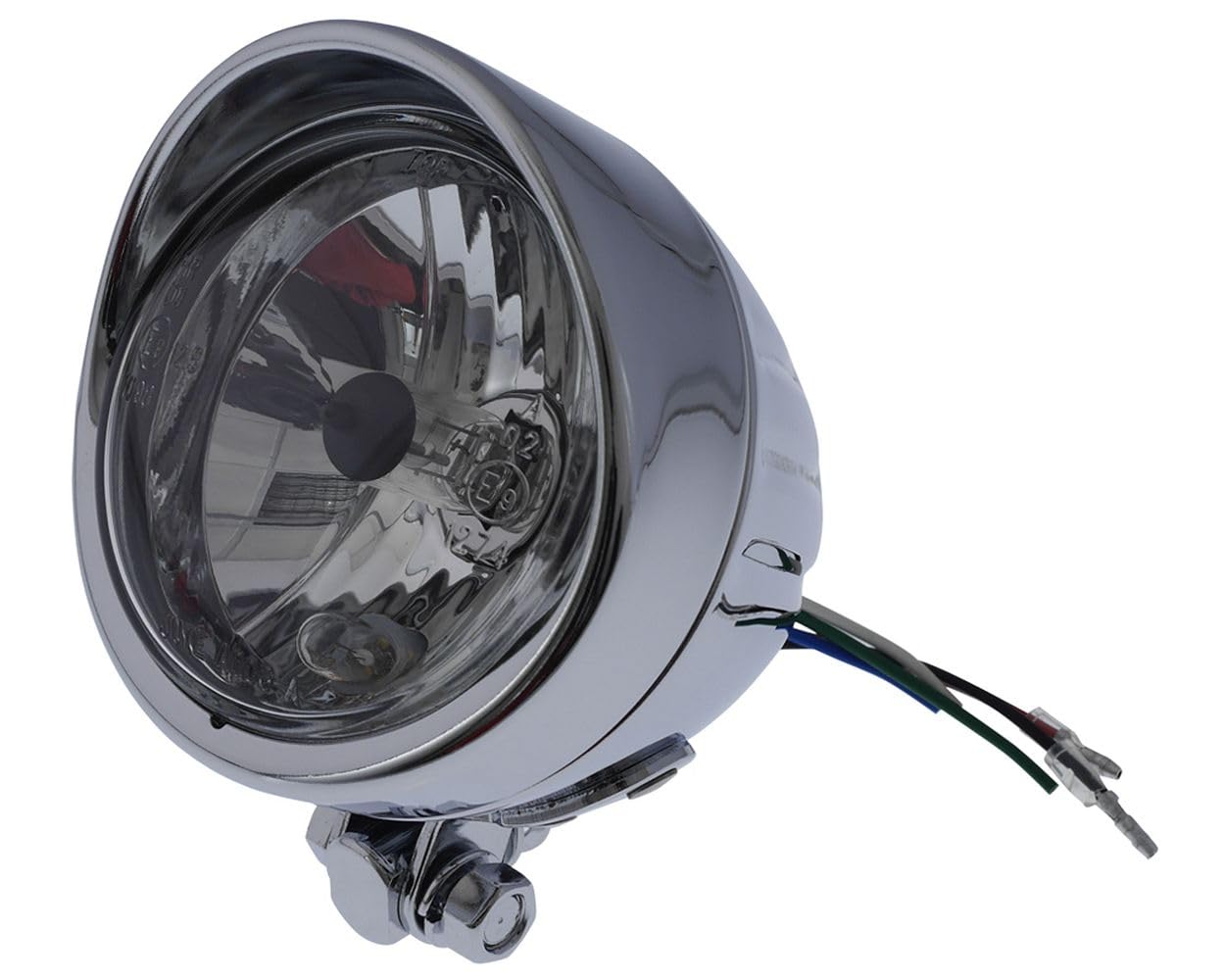Scheinwerfer 90mm H4 Chrom Motorrad Bullet Grooved - 12V 60/55W, Unterer Befestigung, Fernlicht