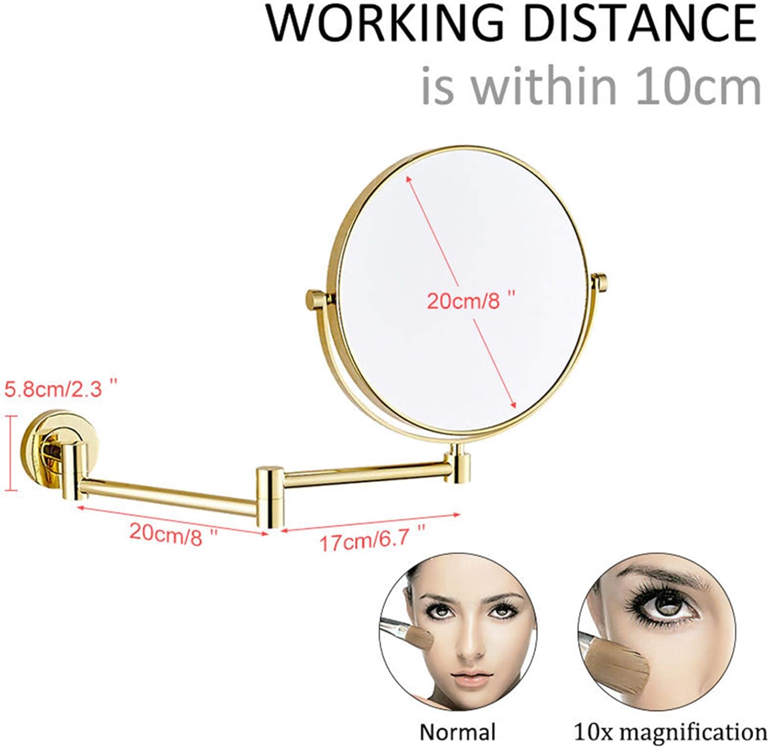 メイクアップミラー、8インチ両面シェービング拡大鏡、調節可能な壁掛けバスルーム真鍮回転伸縮式化粧鏡、ローズゴールド、5倍 ライト付き化粧鏡  バスルーム化粧鏡 壁掛け 真鍮 両面 360°回転 拡大鏡 化粧台 シェービング 伸縮可能 調節可能 クローム ライトと3倍の倍率 ... 壁掛け式メイクアップミラー、8インチ真鍮拡大鏡付きラウンド両面シェービングミラー、バスルーム伸縮式360°回転化粧用バニティミラー、