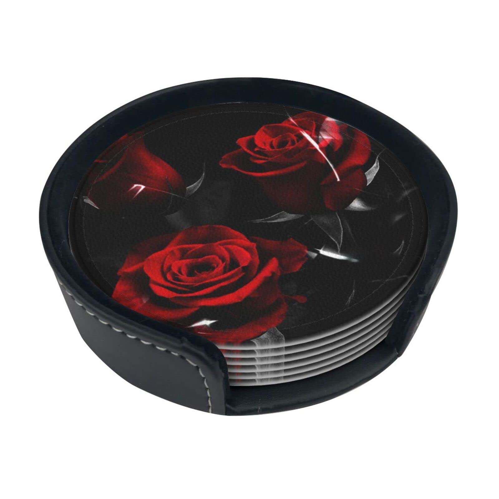 Alteko Red Rose Coasters Set Of 6 Print Leather Coasters For Drinks,Home Décor And Housewarming Gift