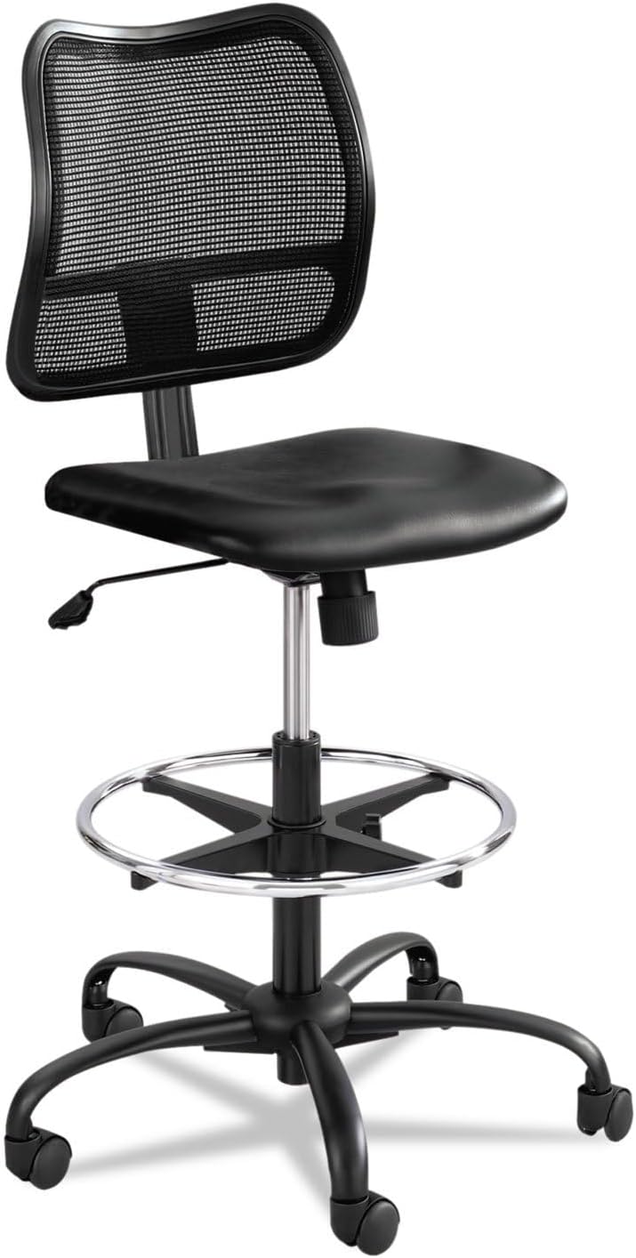 BOWERY HILL Faux Leather Drafting Chair, Black Nylon Mesh Back, Adjustable Height 23-33 in, Ergonomic Design with Tilt Lock, Swivel Base, Dual Wheel Carpet Casters for Home Office or Studio Use