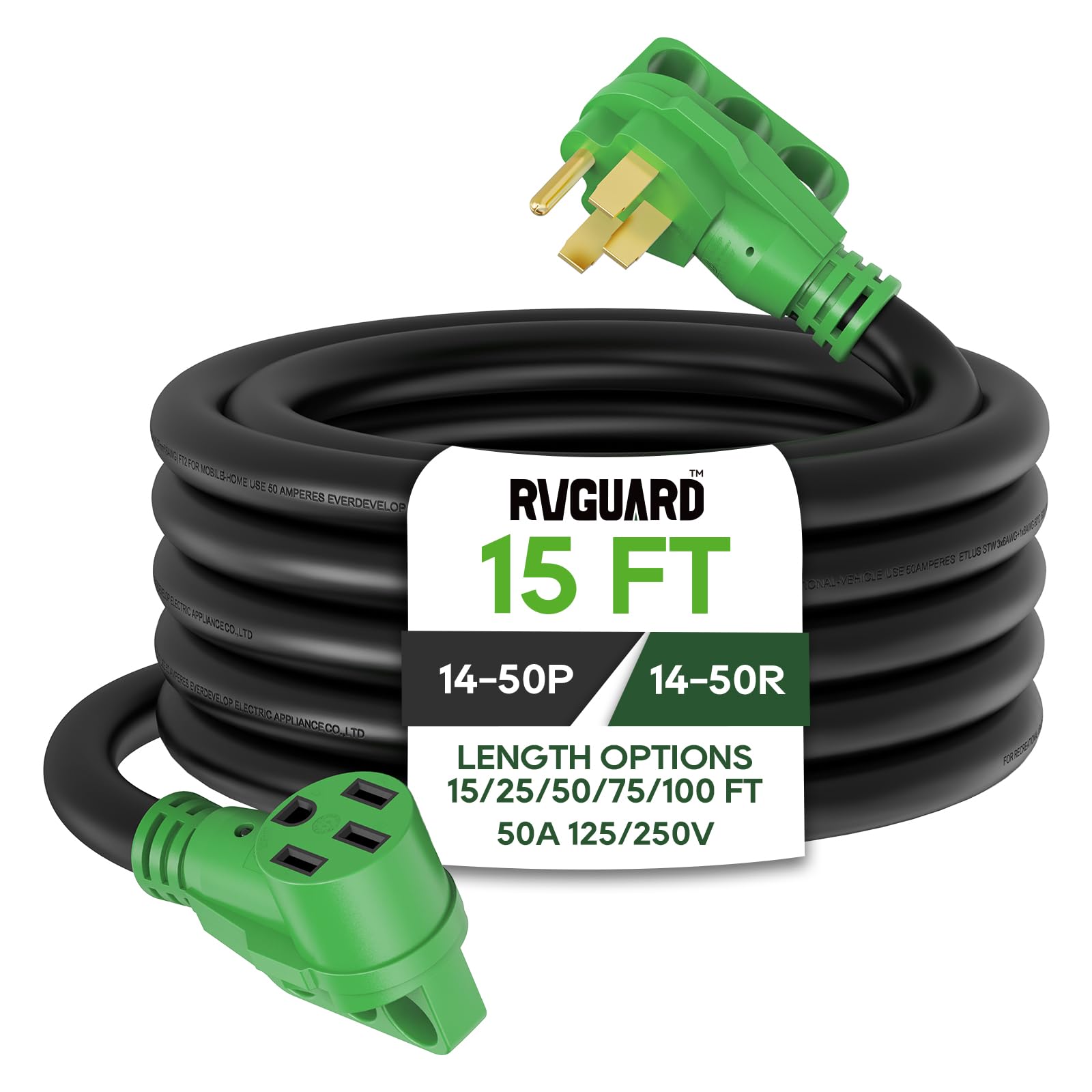 Compact RVGUARD 50A 15ft RV/EV Extension Cord with LED Indicator & Organizer