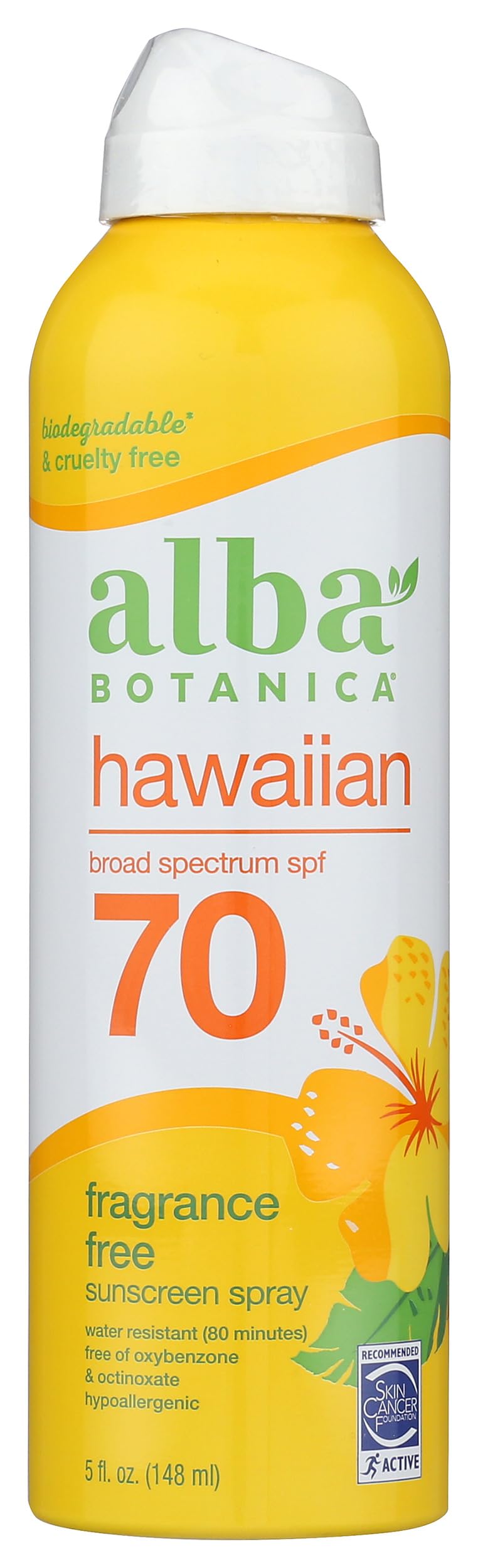 Alba Botanica Sunscreen Spray for Face and Body, Broad Spectrum SPF 70 Sunscreen, Hawaiian Coconut, Water Resistant and Biodegradable, 5 fl. oz. Bottle