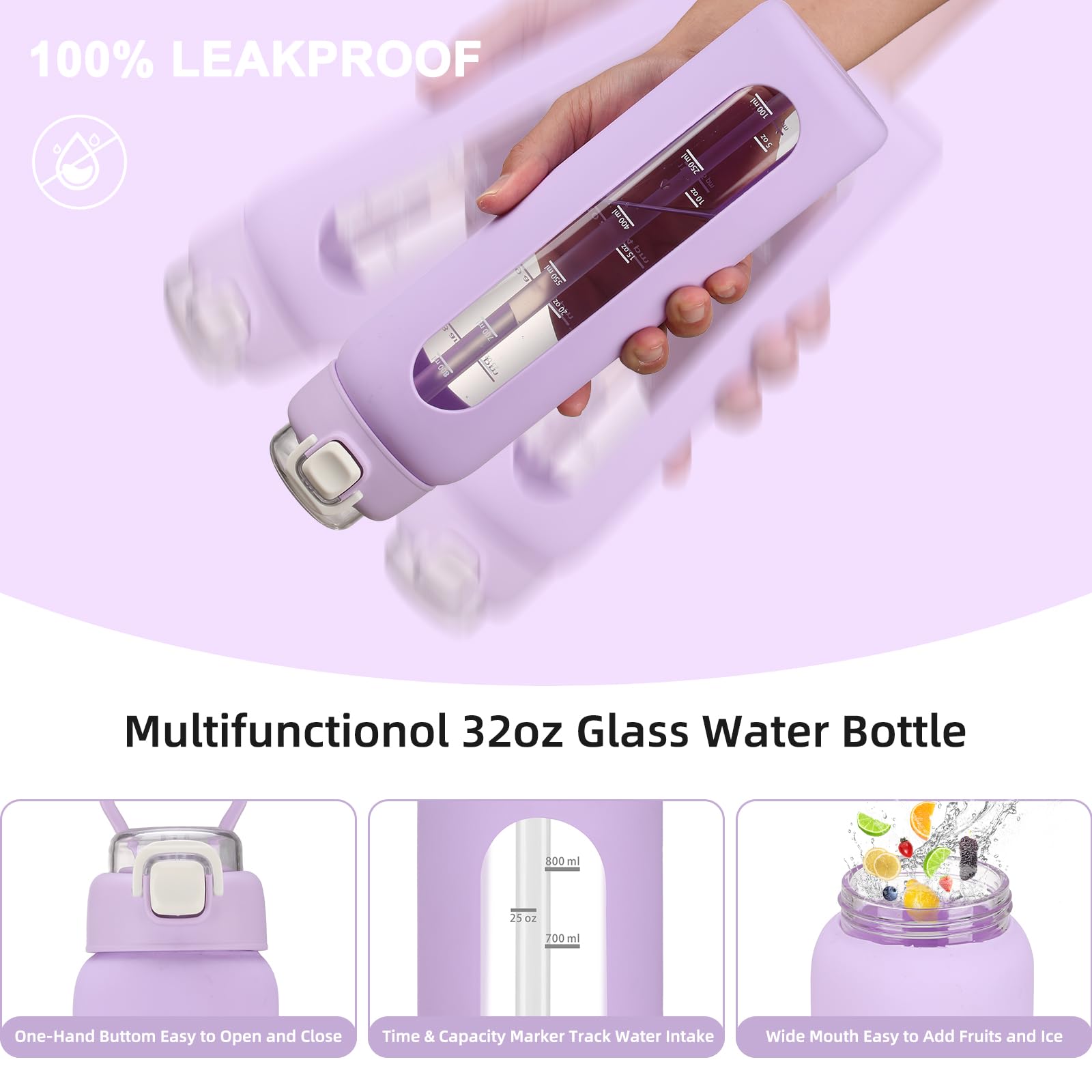 chunmo Bouteille d'eau en verre de 950 ml avec 2 couvercles, couvercle à bec verseur et couvercle à paille, bouteille d'eau motivante en borosilicate de 1 litre avec marqueur de temps et manchon en