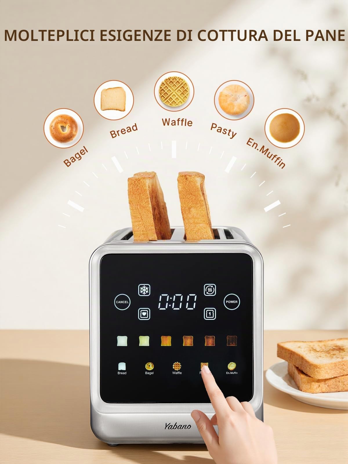 Yabano Tostapane 4 fette con touch screen e funzione memoria, timer, scongelamento e riscaldamento, tostapane in acciaio inox con 6 livelli di doratura, 5 programmi per il pane