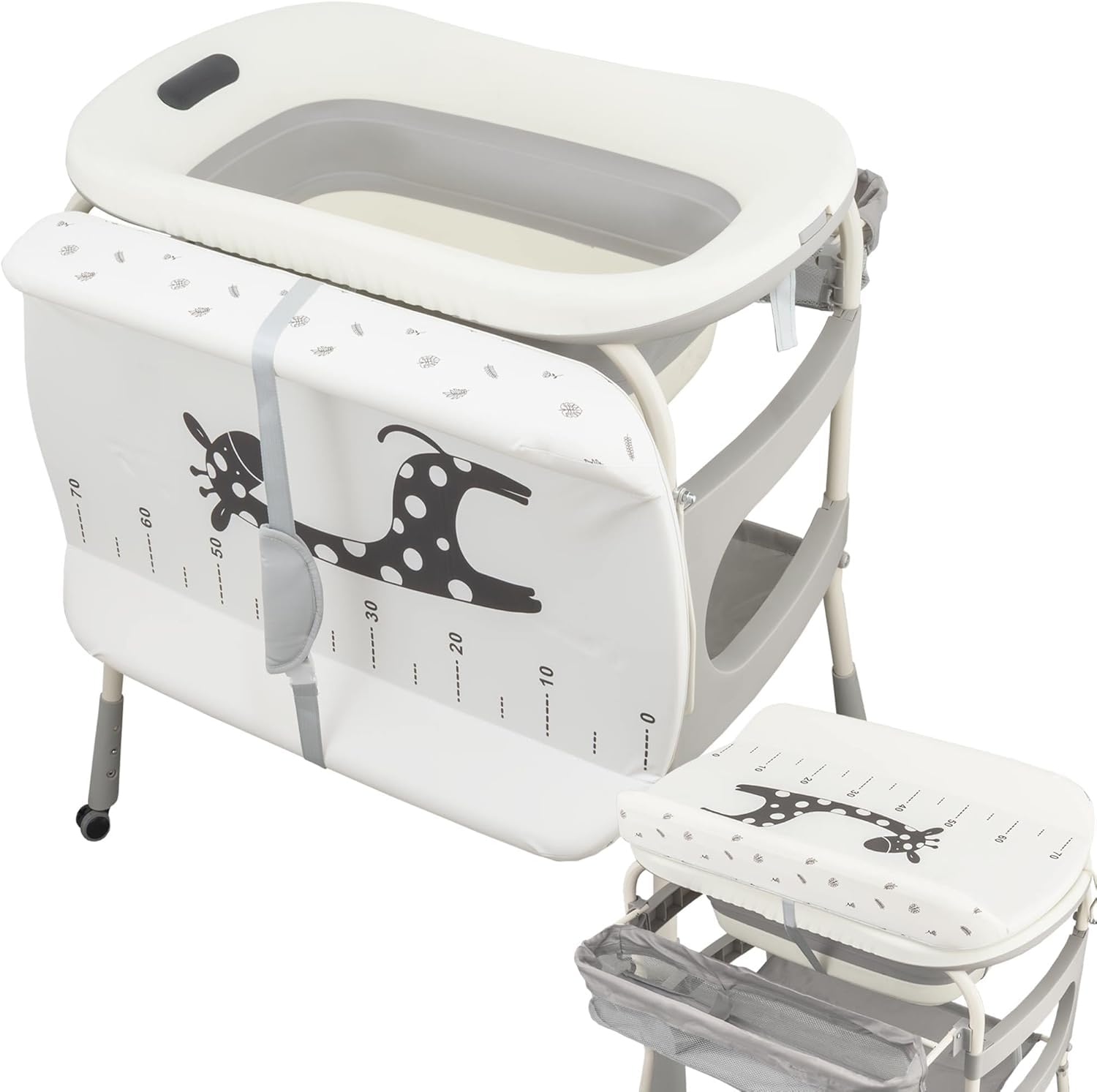 ALMAR Baby Wickelkommode mit Badewanne für Babys, zusammenklappbar, Badewanne mit hohem Thermometer, mit Rollen und Organizer