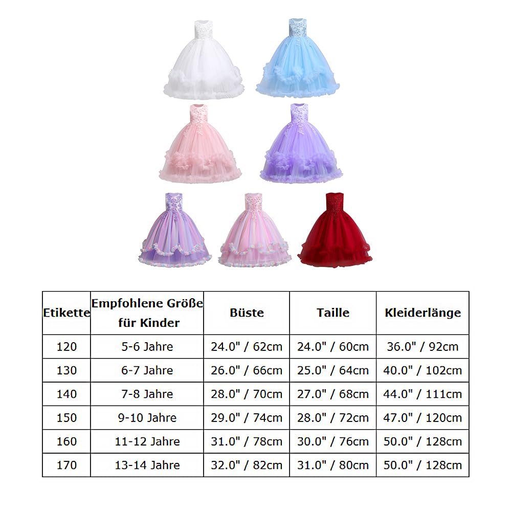 IMEKIS Abito da bambina con fiori, da principessa, in pizzo, in tulle, con paillette, con fiocco, per feste, matrimoni, compleanni, lunghi
