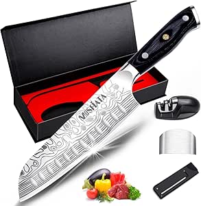 MOSFiATA 7&#34; Super Sharp Chef Knife, Professional Cook Kitchen Knife Japanese Santoku Knives German High Carbon Stainless Steel EN1. 4116 with Finger Guard, Knife Sharpener, Micarta Handle and Gift Box