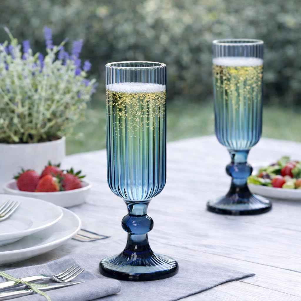 Set 6 Calici Flute in Vetro Rigato 155 ml – Calici Champagne e Aperitivo Eleganti, Design a Righe, Vetro Colorato, Lavabili in Lavastoviglie (Blu)