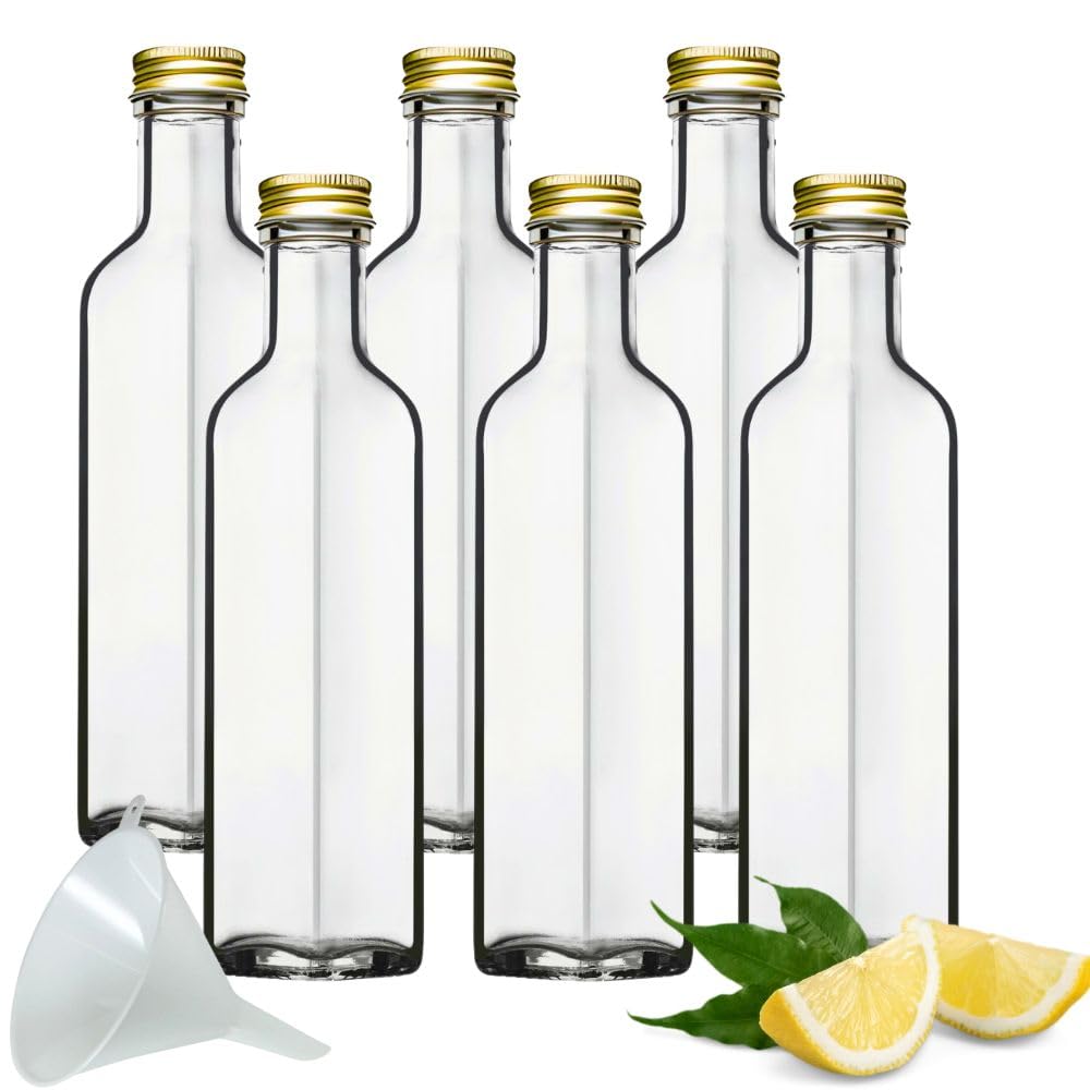 Viva Haushaltswaren szklane butelki z zakrętkami 250 ml (6 sztuk) i białym lejkiem (średnica 7 cm)