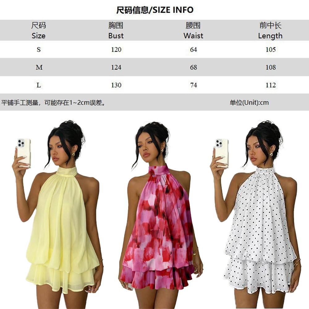 Abito da cocktail da donna, in chiffon, con scollo all'americana, senza maniche, estivo, senza maniche, con volant, mini abito da brunch