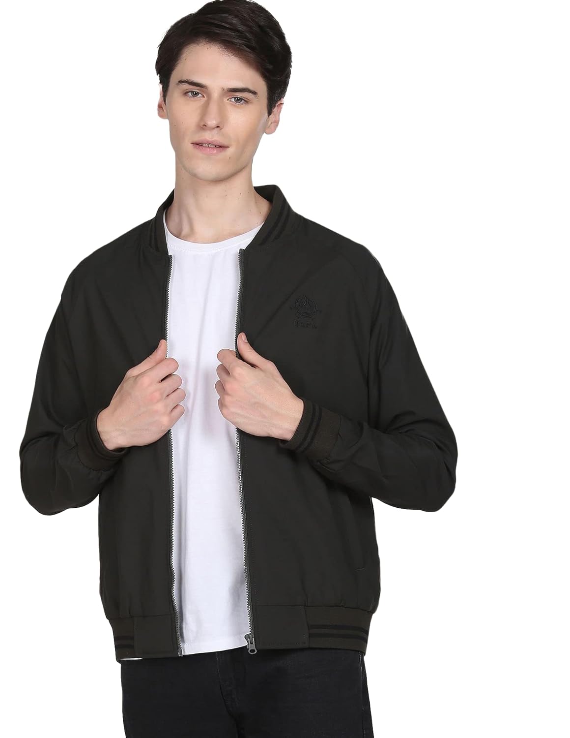 U.S. POLO ASSN. Men Polyester Standard Length Striped Hem Solid Bomber Jacket