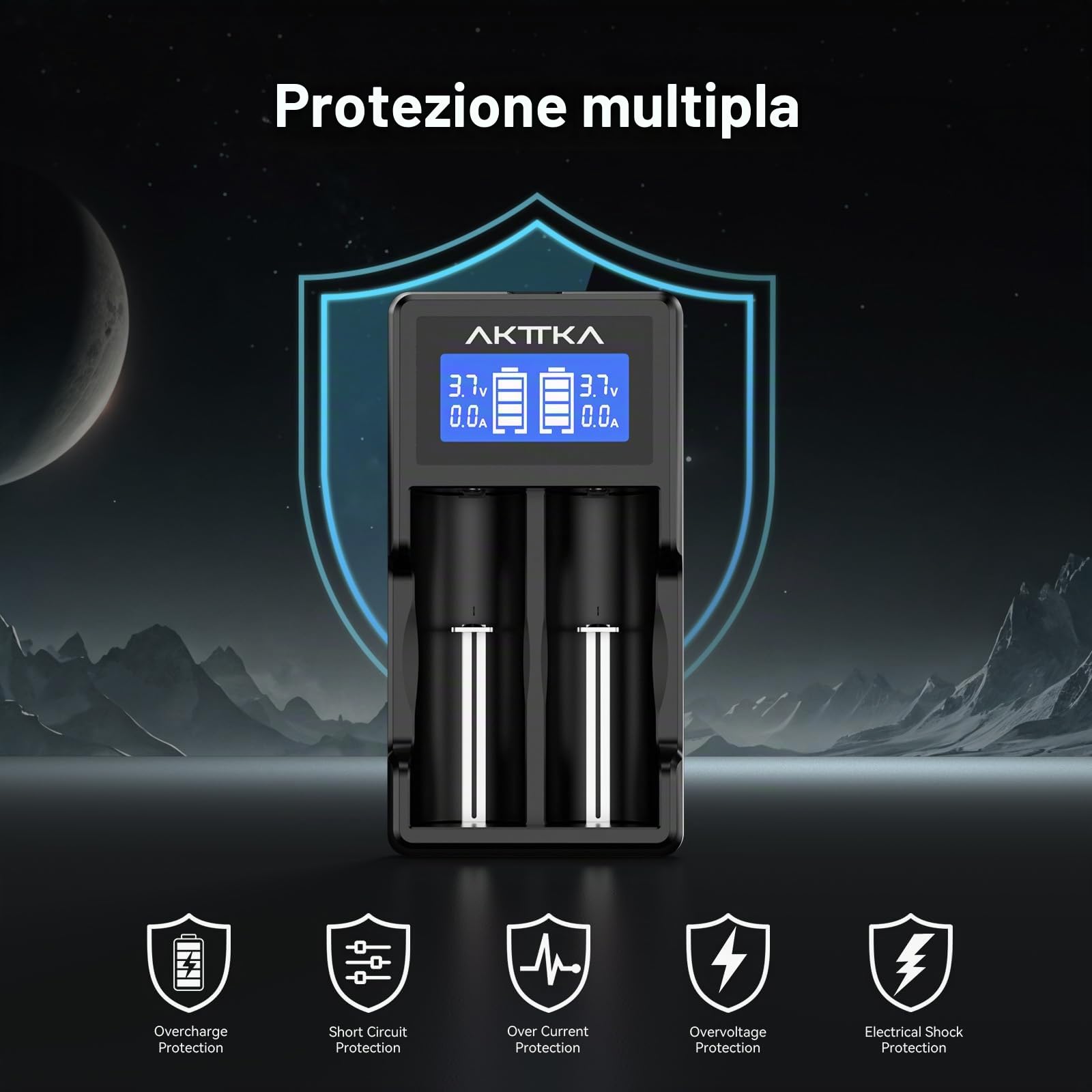 Caricabatterie Intelligente con Schermo LCD e Ricarica Rapida 5V/2A, Compatibile con Batterie Li-Ion 18650/21700/20700/26650 e Ni-MH/Ni-Cd AA/AAA/C, con Porta Type-C