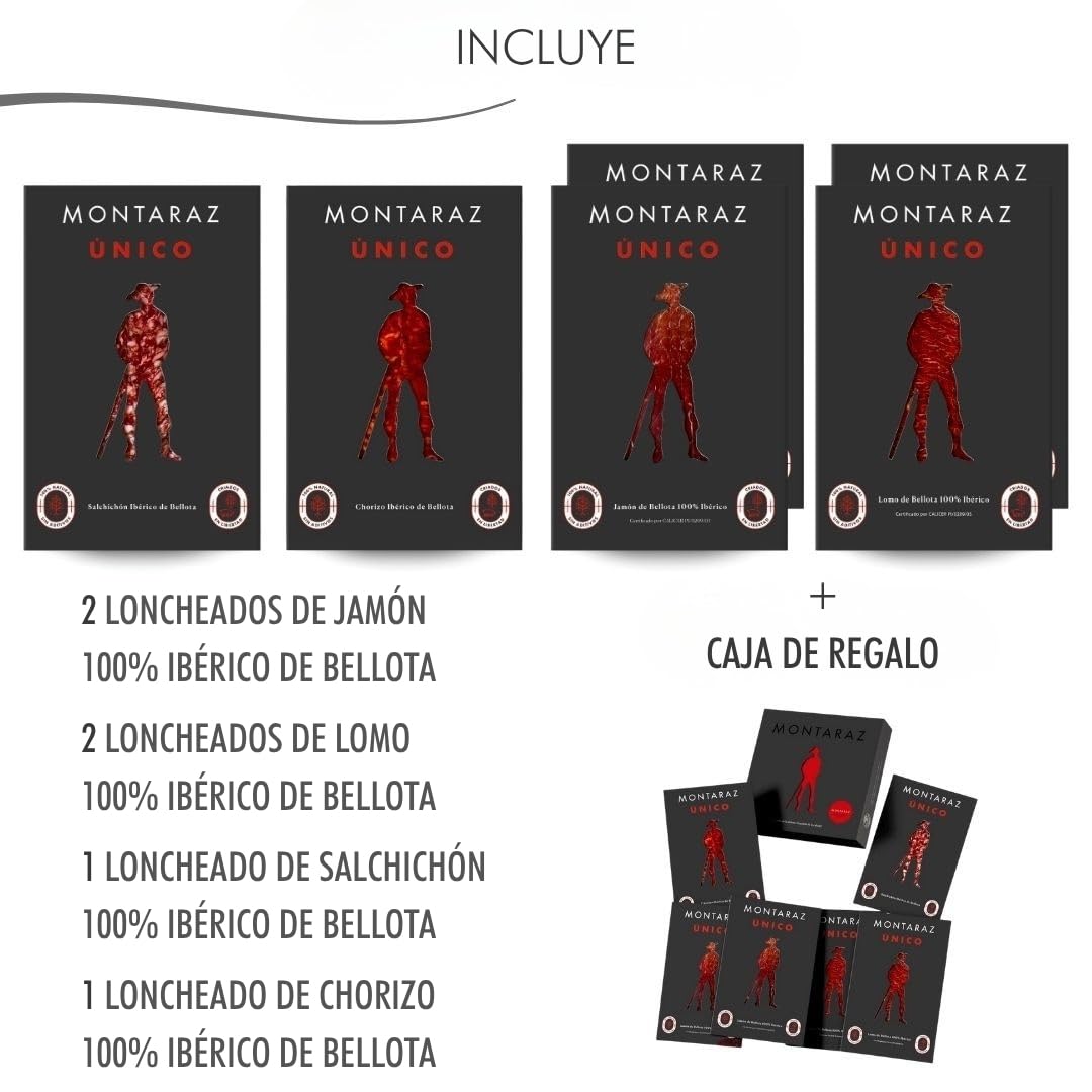 MONTARAZ® Caja Regalo Gourmet | 6 Loncheados Surtidos 100% Ibéricos de Bellota | Jamon Iberico, Lomo Iberico y Salchichon y Chorizo Ibéricos envasados al vacío (600gr) | 100% Natural | Lote Ibericos