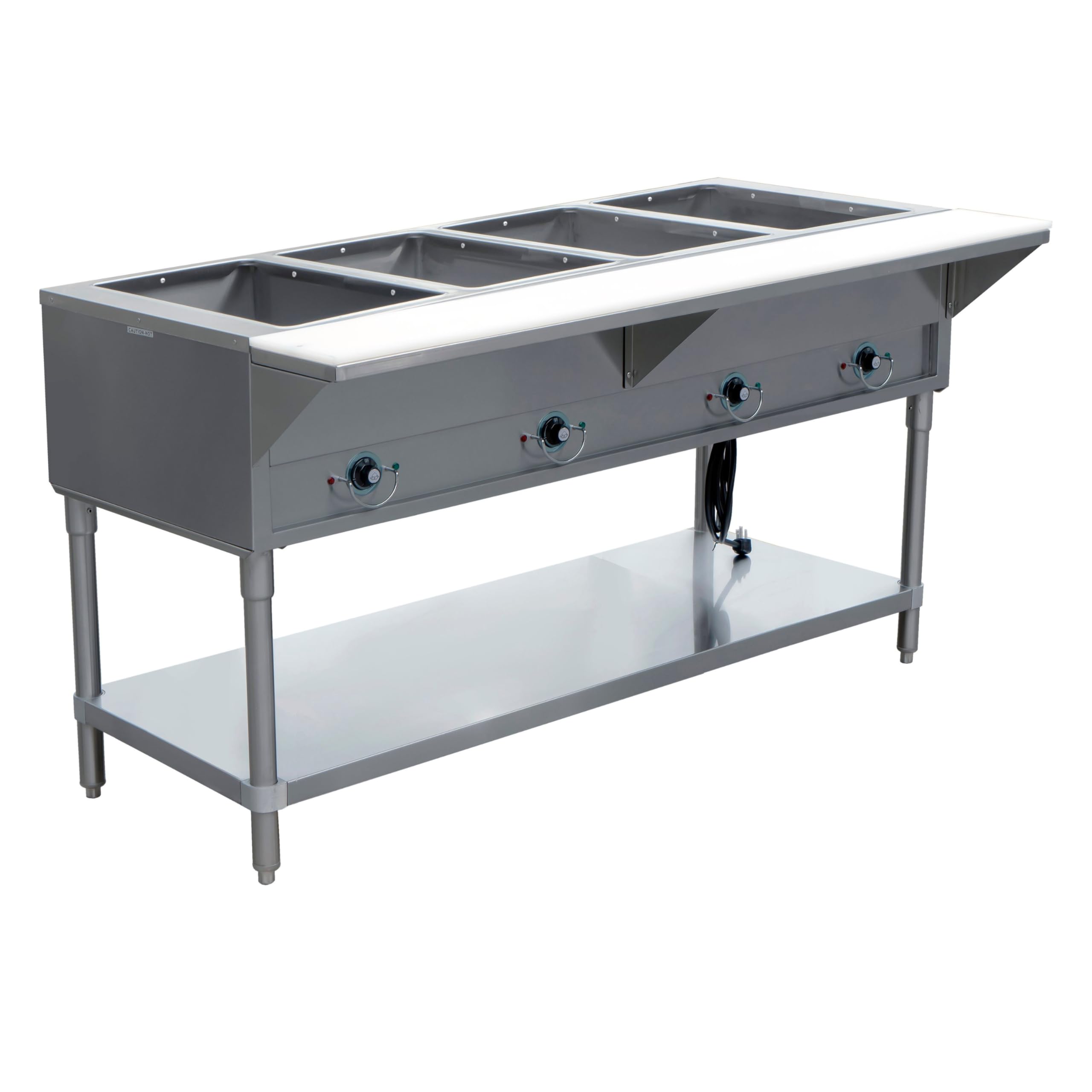 FSE 373-EST-4SW Stainless Steel Electric Steam Table with 4 Wells, 30-5/8” x 60” x 34”, Poly Cutting Board, and Stainless Steel Undershelf