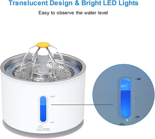 Miniatura 3 de Wonder Creature - Fuente de agua de acero inoxidable para gatos y perros, incluye 3 filtros y 1 tapete, con visor de nivel de agua y luz LED para
