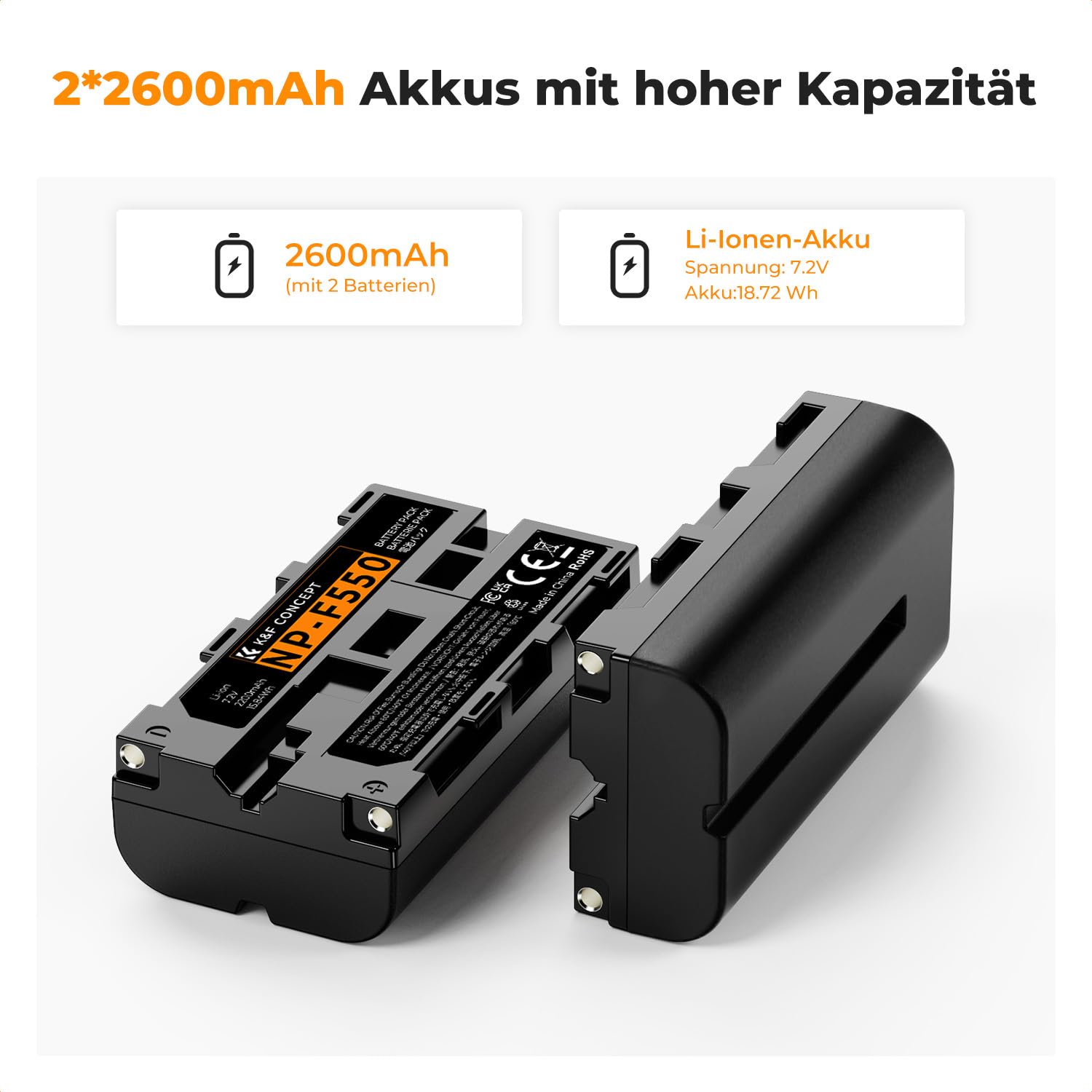 K&F CONCEPT NP-F550 2er-Pack 2600mAh Akkus und LED Ladegerät Kit Kompatibel mit Sony NP-F550 F570 F750 F770 F930 F950 F960 F970 für LED Lichter/Monitor/Kamera Slider