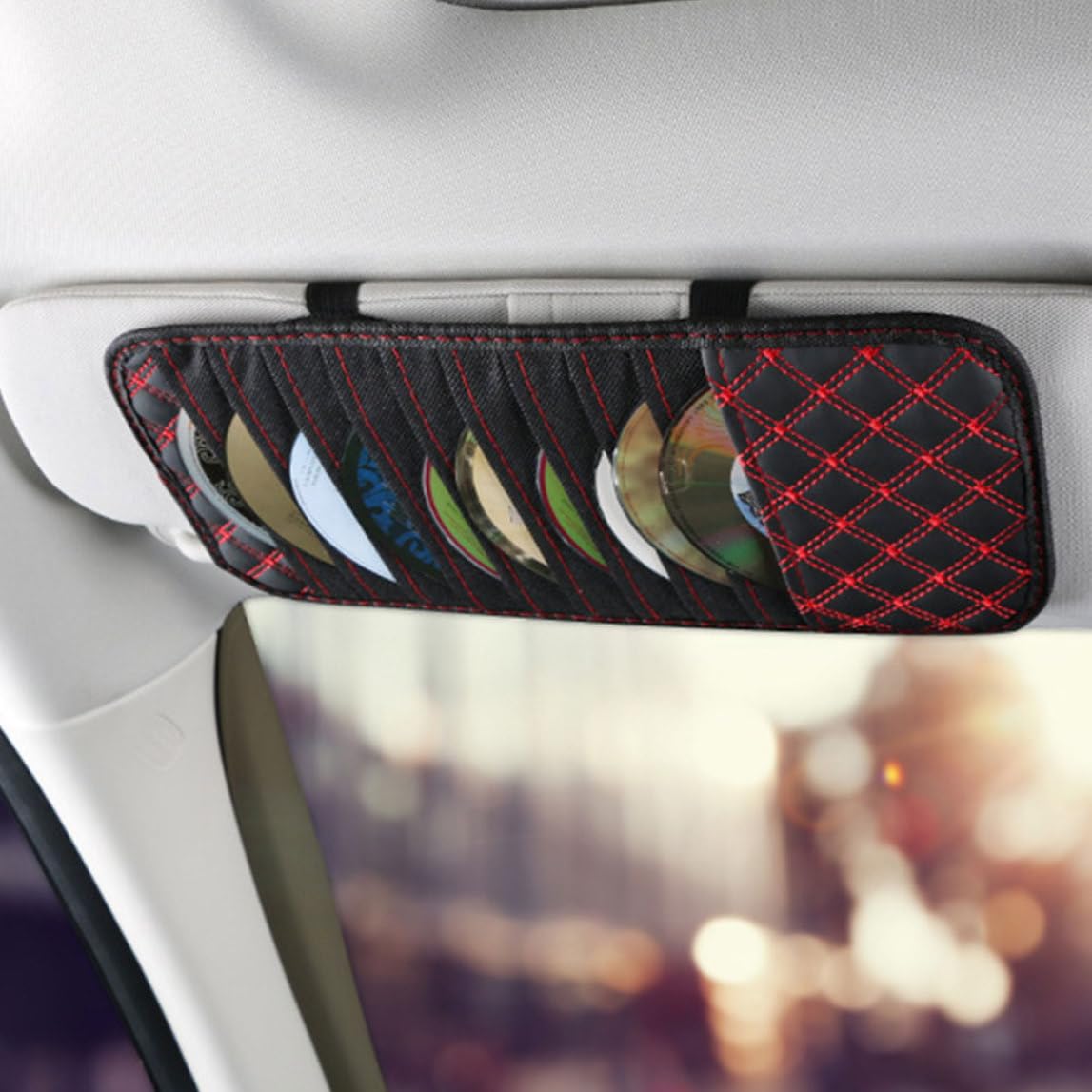 Porta del CD di auto Sun Visor Visor CD Case Wallet DVD Binder DVD Organizzatore Punta di stoccaggio della linea rossa portatile, supporto CD per auto