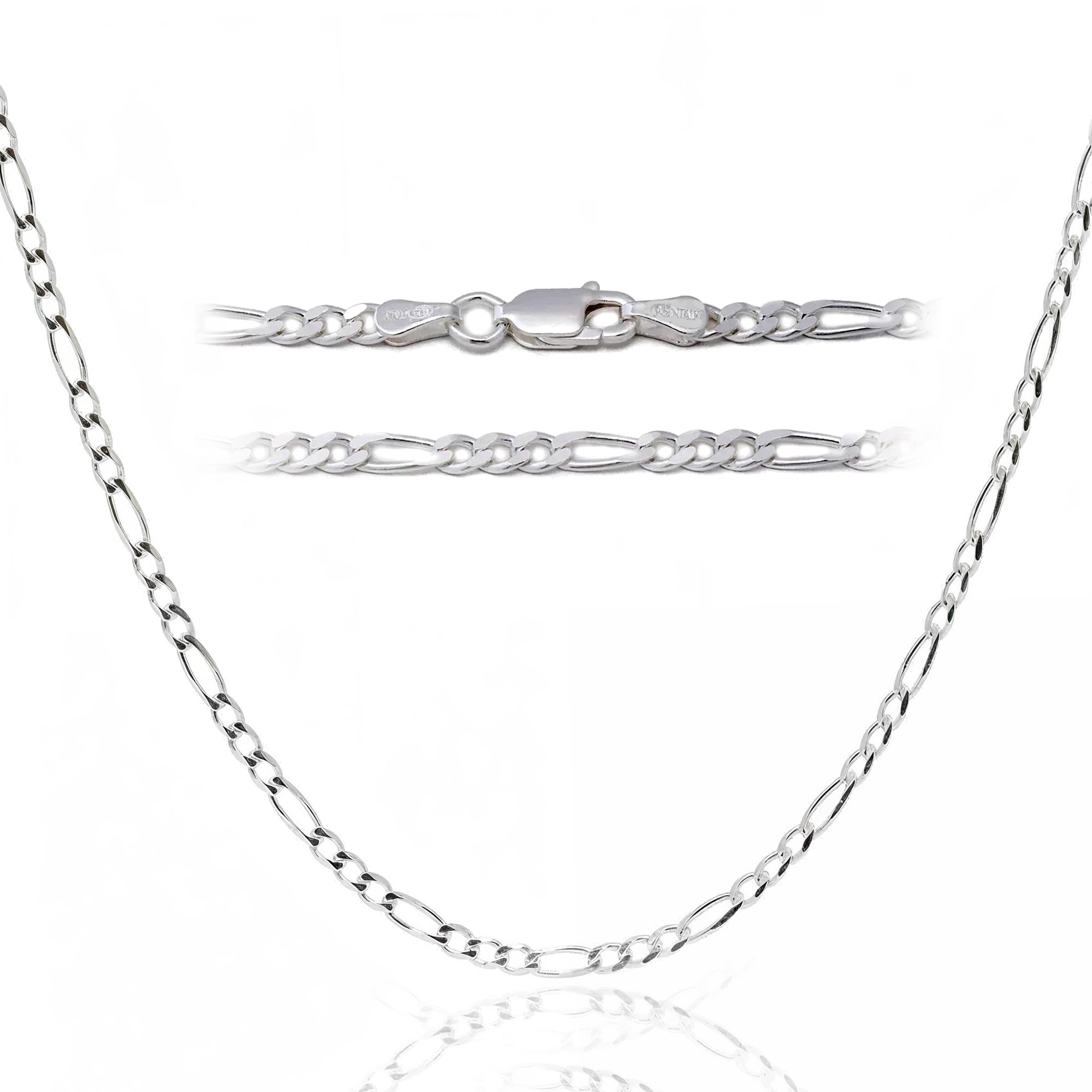 DSS 925 Sterling Silver Necklace for Women, Figaro Chain 3mm, Lobster Claw Clasps, Sterling Silver Chain, Italian Jewelry for Women, 16in - 30in