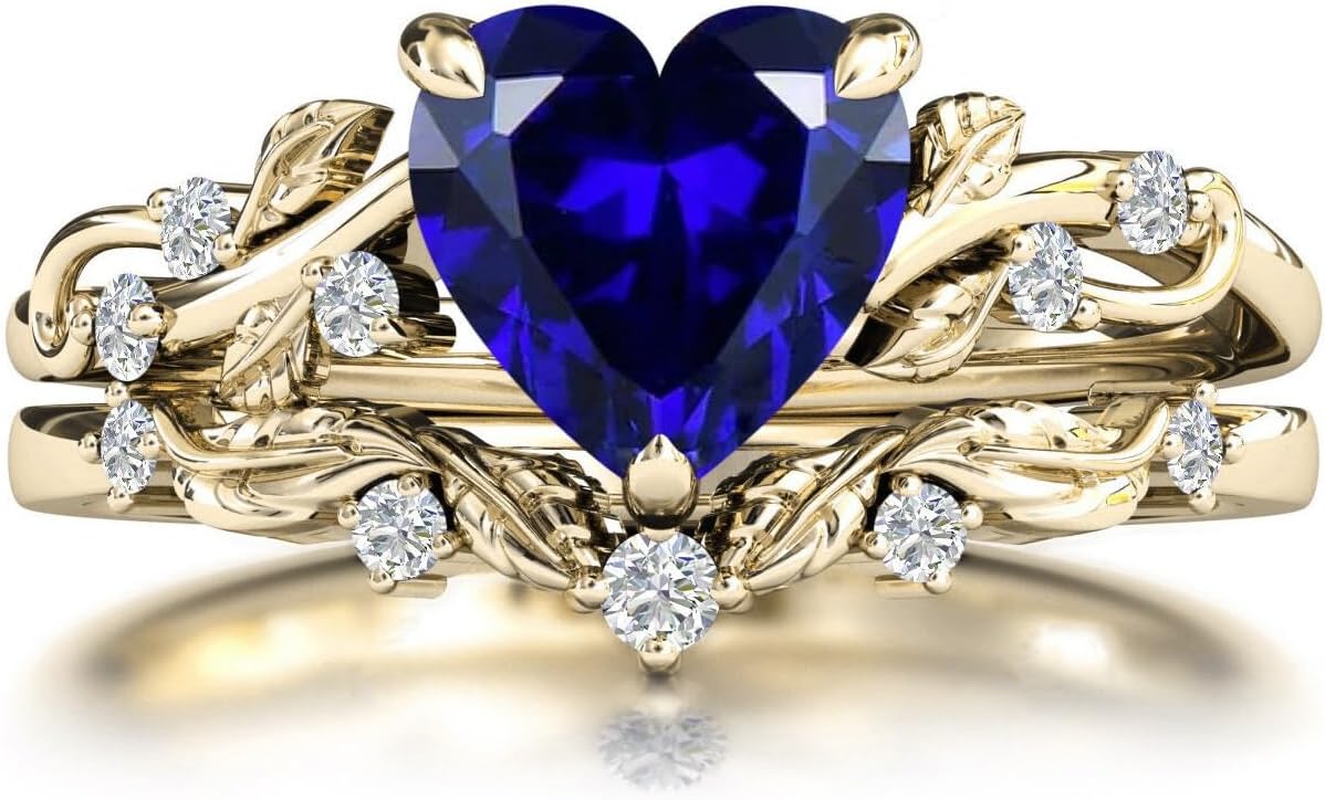 10K 14K 18K Solid Gold Heart Gemstone Engagement Ring Set for Women Leaf Art Deco Ring Set Heart Cut Vintage Vine Gemstone Bridal Wedding Promise Ring Set Size4~15