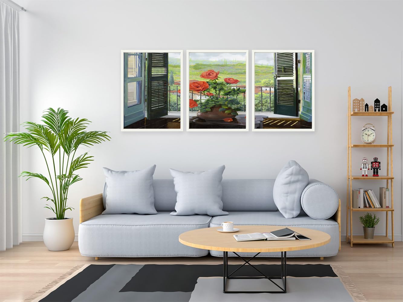 VERRE ART Printed Framed Canvas Painting for Home Decor Office Wall Studio Wall Living Room Decoration (46x27inch (Split in 3 Part) White Floater) - Le Persiane Sulla Valle