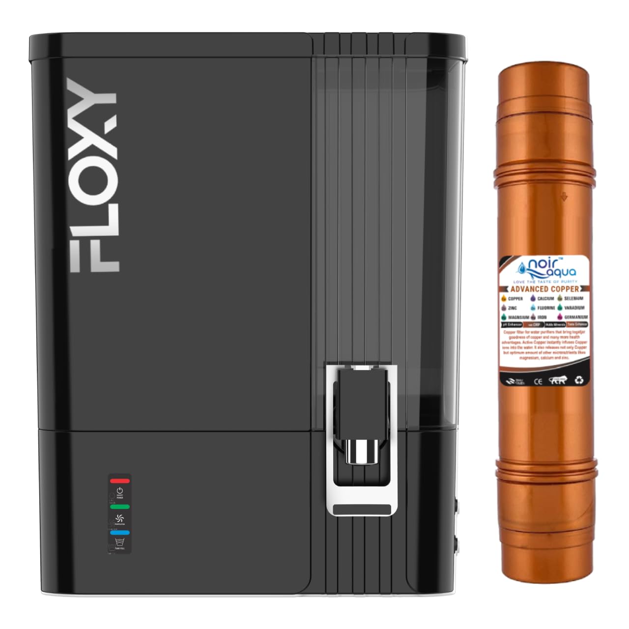 Noir Aqua Floxy Advanced Copper 8 Stage 10 Ltrs RO + UV + UF + TDS Control + Pre Filter & Accessories, Premium RO Water Purifier Filter For Home and office, Fully Automatic, Black
