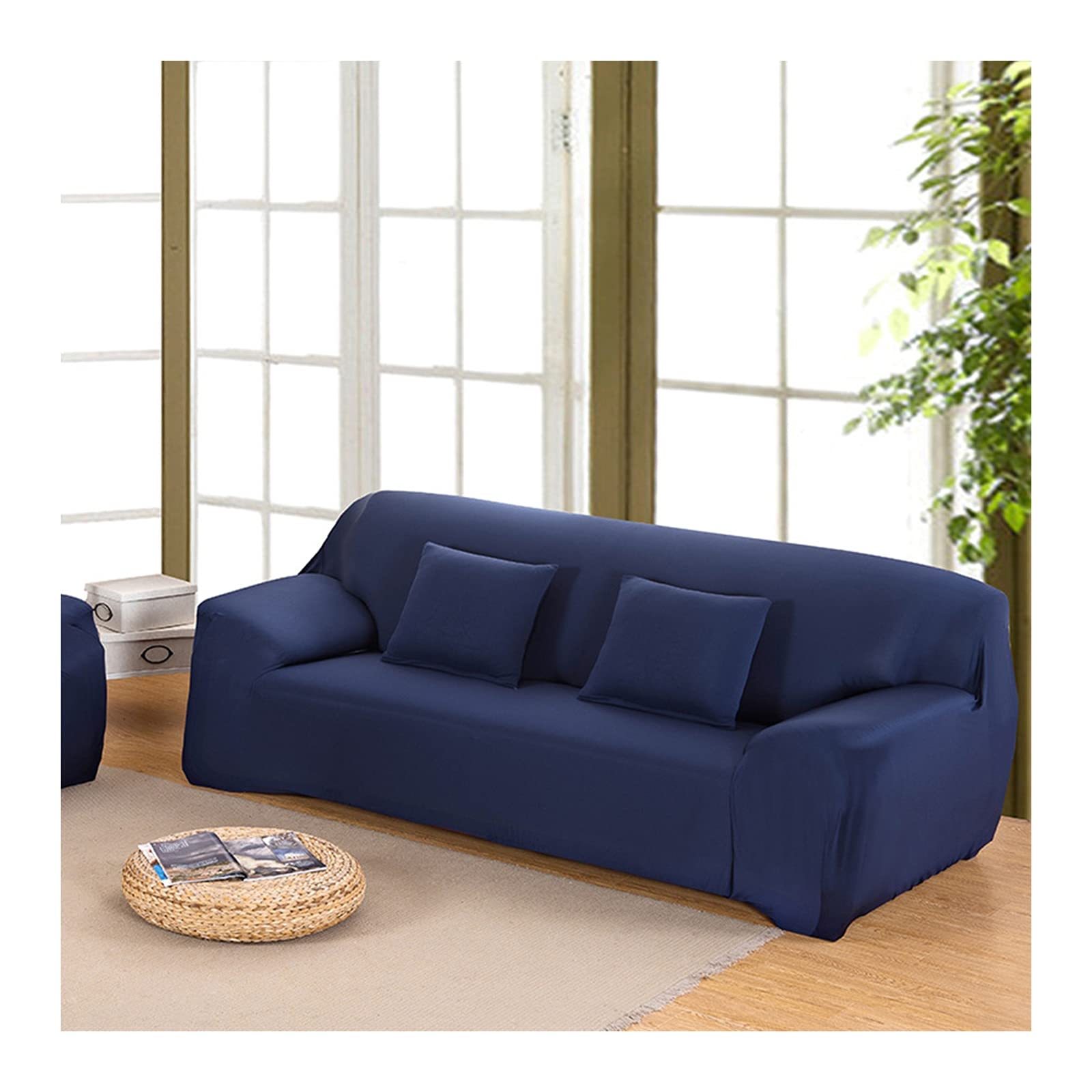 Housse de sofa 3 places bleu marine, revêtement de canapé extensible 195-230cm