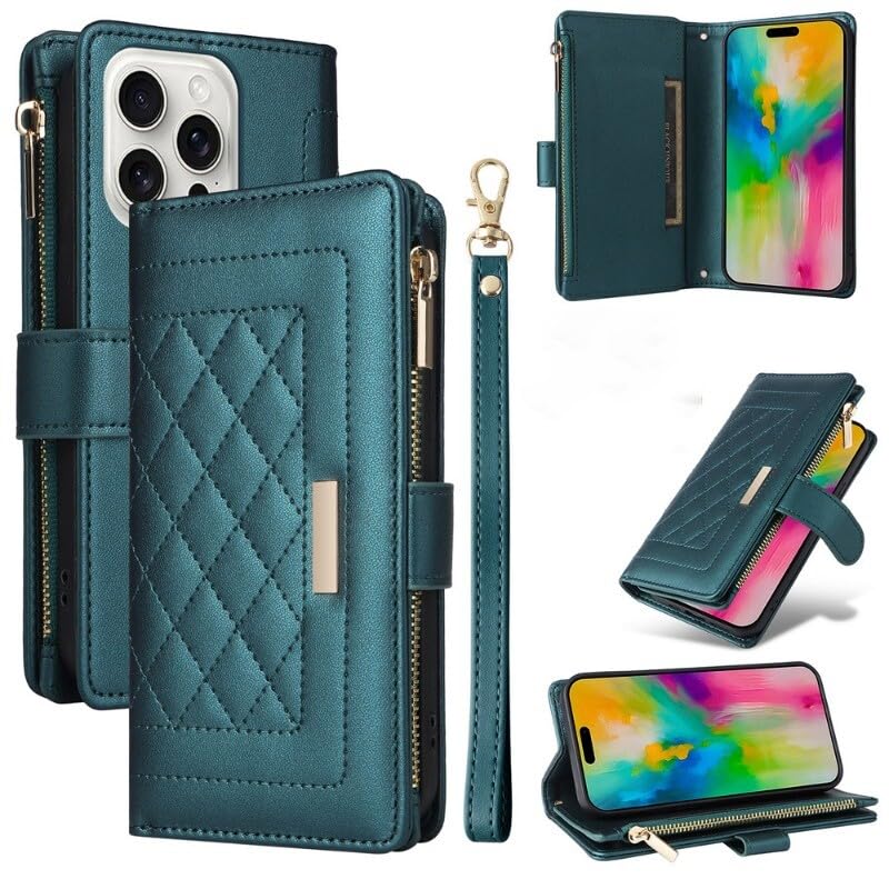 Étui rabat iPhone 15 Pro Max vert foncé : finis les écrans rayés avec ce portefeuille cuir