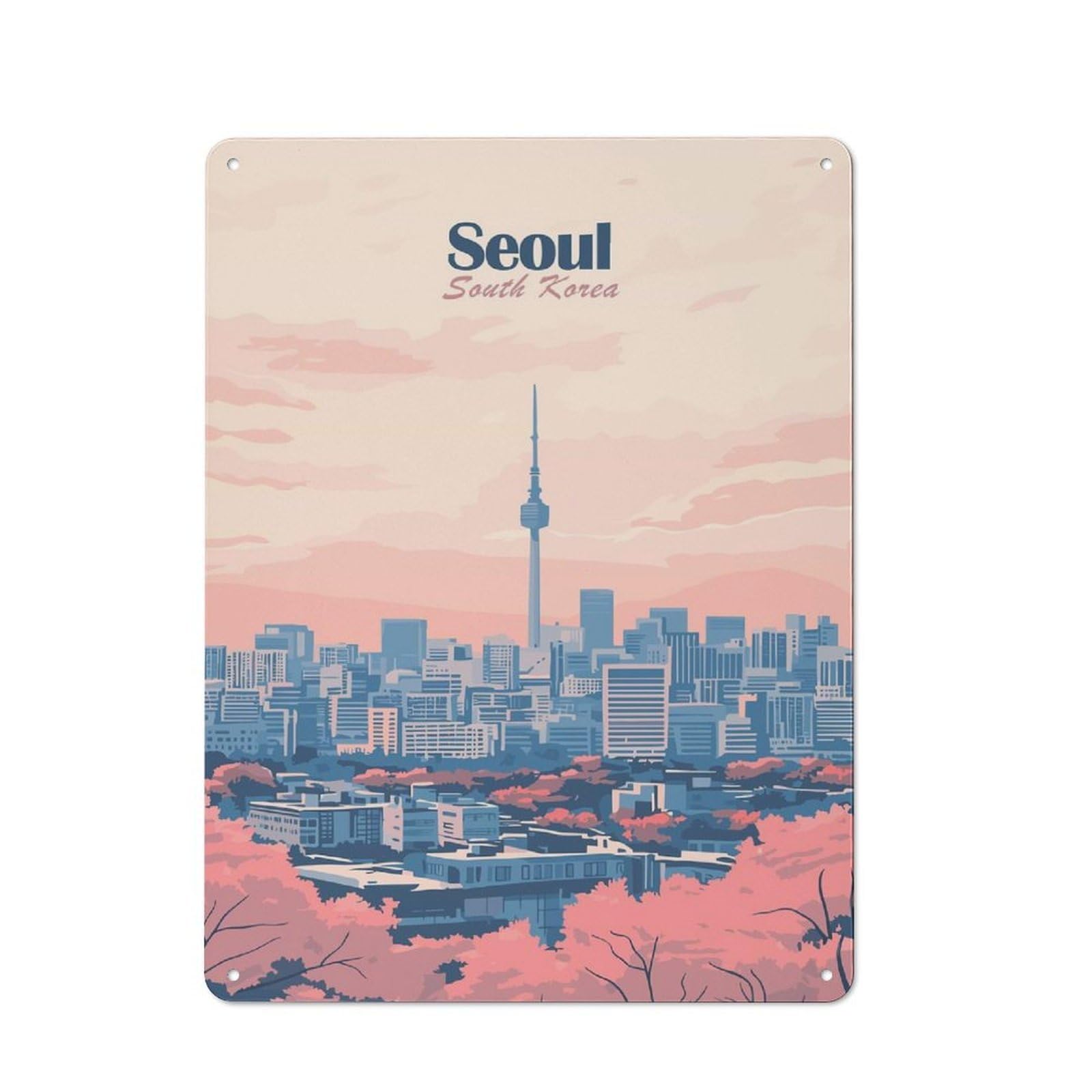 Junmoney Style-12 Tin Wall Plaque 40X30cm With Seoul Skyline Illustration For Guest Room Or Hallway, For Updating Guest Room And Hallway After Moving