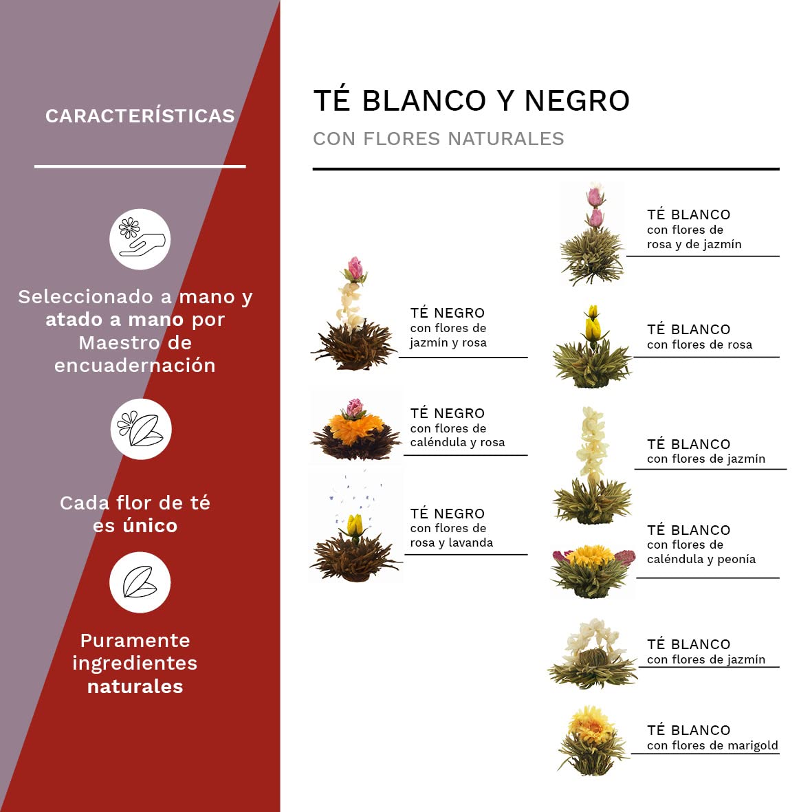 Creano Flores de Té Mix 12 uds Cofre de Madera 9 Variedades Té Blanco y Negro Regalo Sostenible Elegante para Mujer