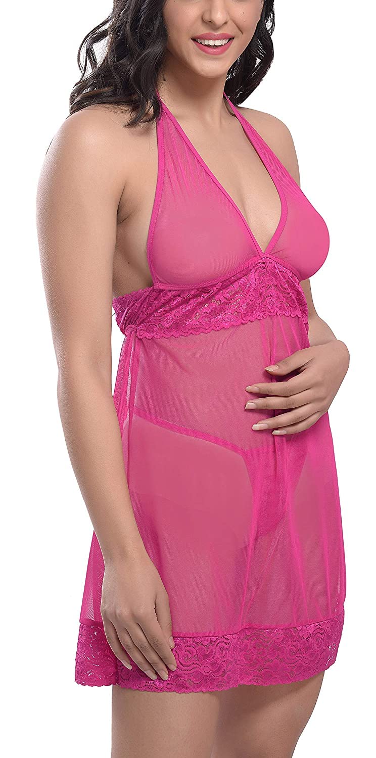 Ensemble nuisette en dentelle avec string et col en V pour femme Rose Taille unique