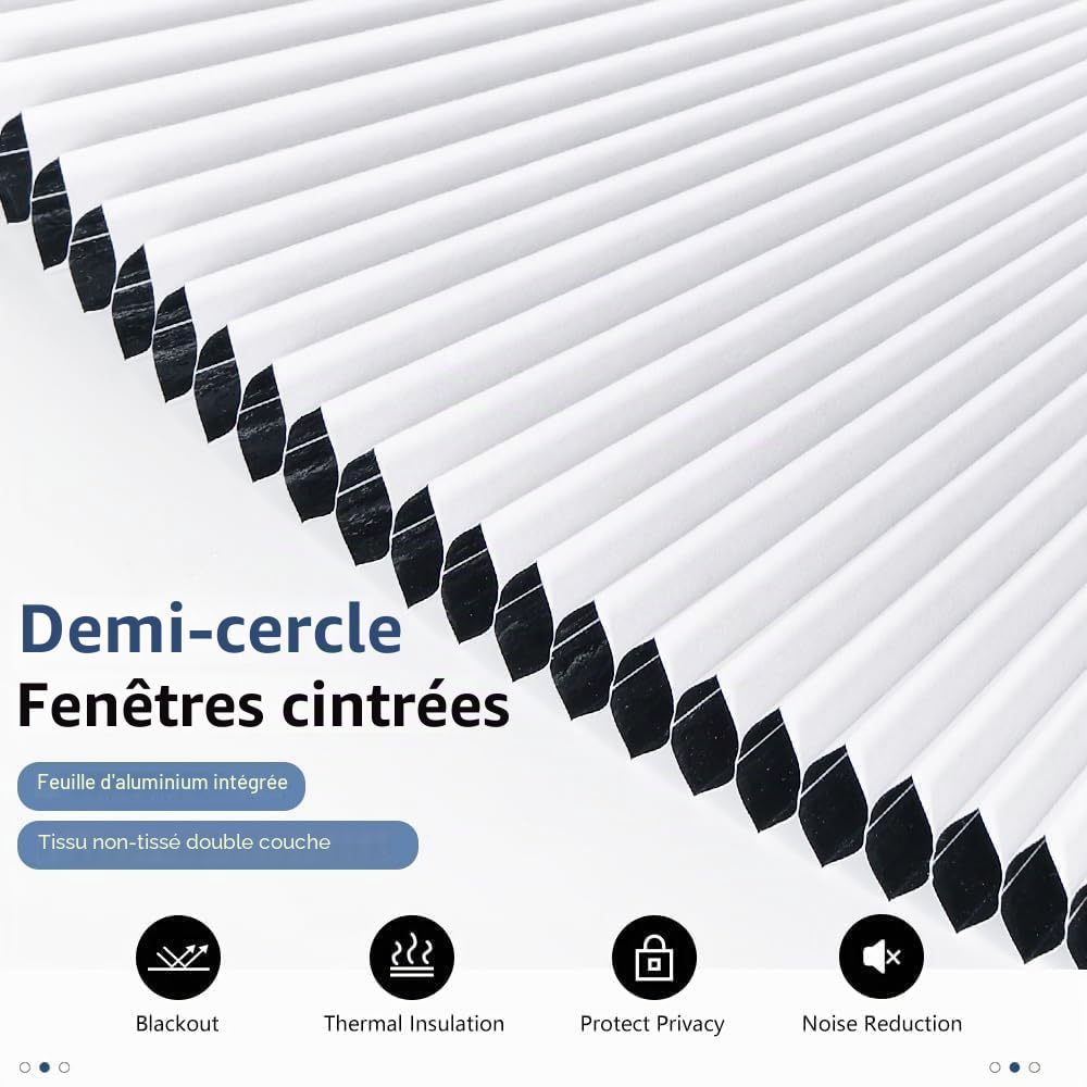 Stores occultants en forme de voûte cellulaire en demi-cercle, stores plissés en demi-lune pour fenêtres en demi-cercle, faciles à couper et à installer (rayon : 61 cm, blanc)