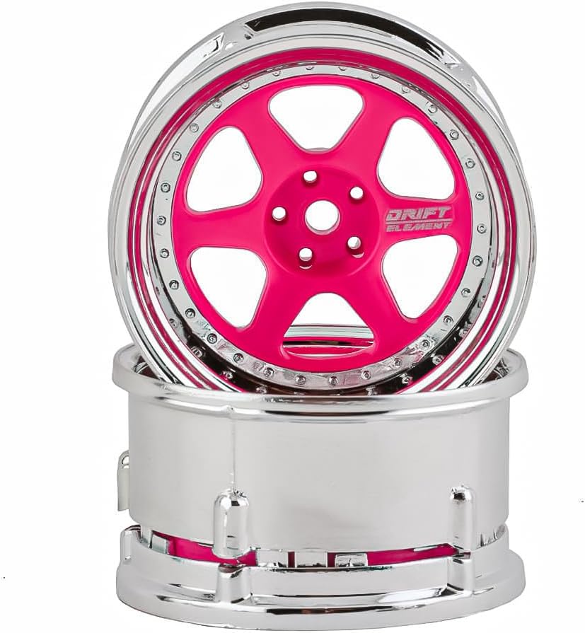 2PCS 1/10 RC Drift Element 6 Spoke Wheels Rims w/Chome Lip for Traxxas HSP Tamiya HPI Kyosho Yokomo Drifting Car (Flu Pink w/Chrome Lip)