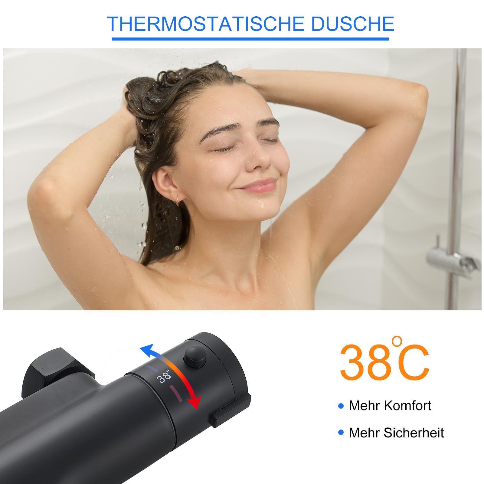 KEOKBON Thermostatic Bath Shower Mixer Tap,38℃ Safety Anti-Scald Bathtub Shower Mixer Bar Valve with Waterfall Bath Filler Spout - Image 4