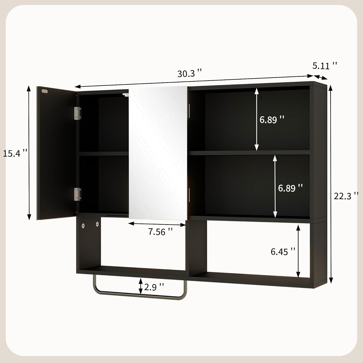 Medicine Cabinet, Wooden Bathroom Wall Cabinet with 2 Doors, Adjustable Shelves & Towel Bar, Over Toilet Storage Cabinet Wall Mounted for Laundry with Mirror, Black