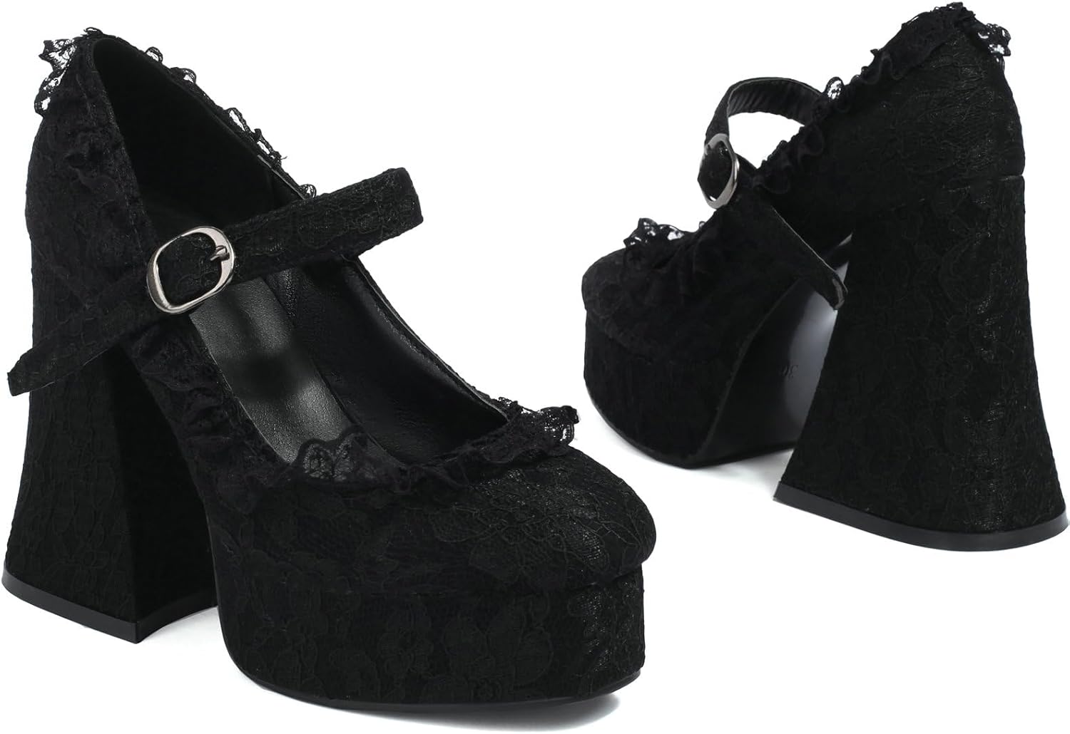 LUXMAX Women's Goth Lolita Shoes Platform Mary Janes Chunky Heel Pumps Lace Flower Gothic Heels Cosplay Shoes