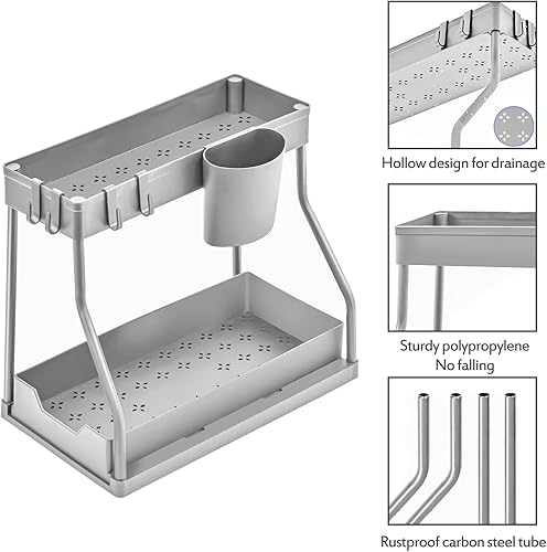 Miniatura 5 de Puricon Paquete de 2 organizadores para debajo del fregadero, 2 niveles en forma de L, organizadores deslizantes para debajo del fregadero,