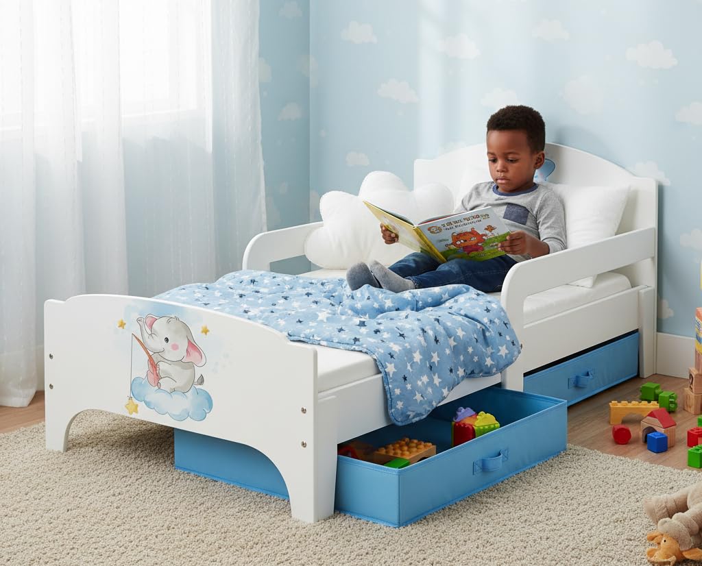 Leomark SMART Einzelbett aus Holz - Baby Elephant - Kinderbett mit Schubladen für Bettwäsche mit Matratze, Stauraum, Rausfallschutz Lattenrost, Liegefläche 140 x 70 cm