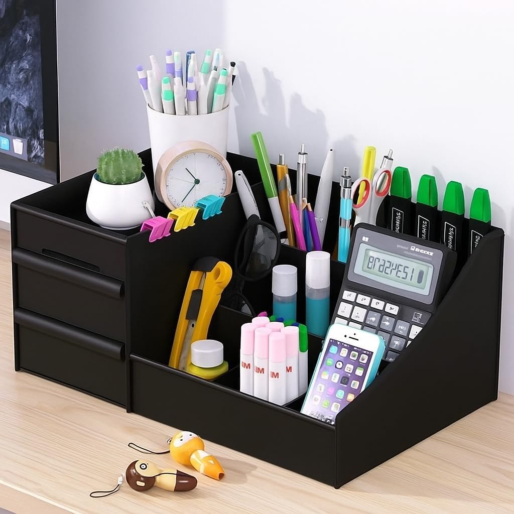 TEKCOOL ABS Plastic Desk Organiser with Drawer,Multifunctional Desk Organizer,Customized Desk Organizer with Pencil Holders,Sticky Note,Paperclip StorageIOffice Table Stand for Home/Office(Black)