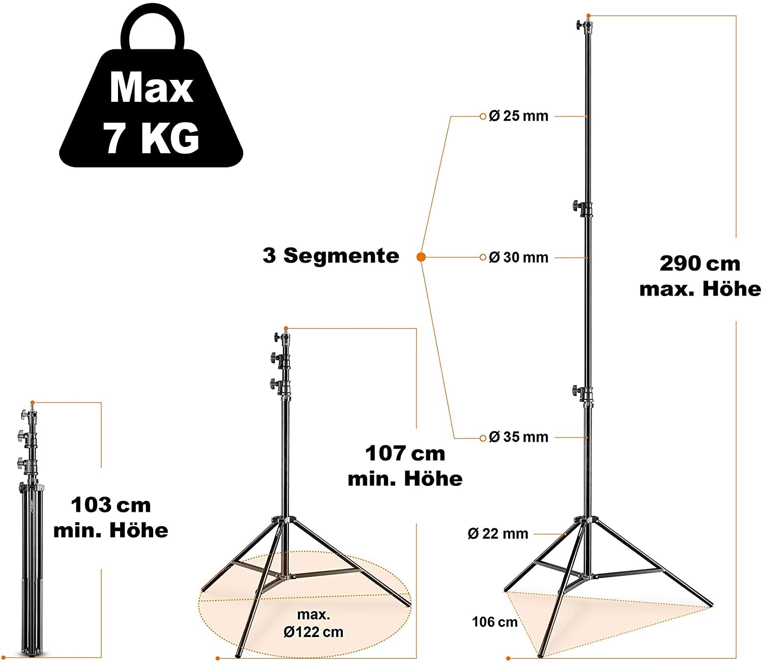 Walimex pro AIR 290 Deluxe Set 2 trípodes de lámparas altura máx. 290 cm soporte luz suspensión neumática base de flash soporta hasta 7 kg pie apoyo en aluminio tripod estudio fotográfico y exteriores