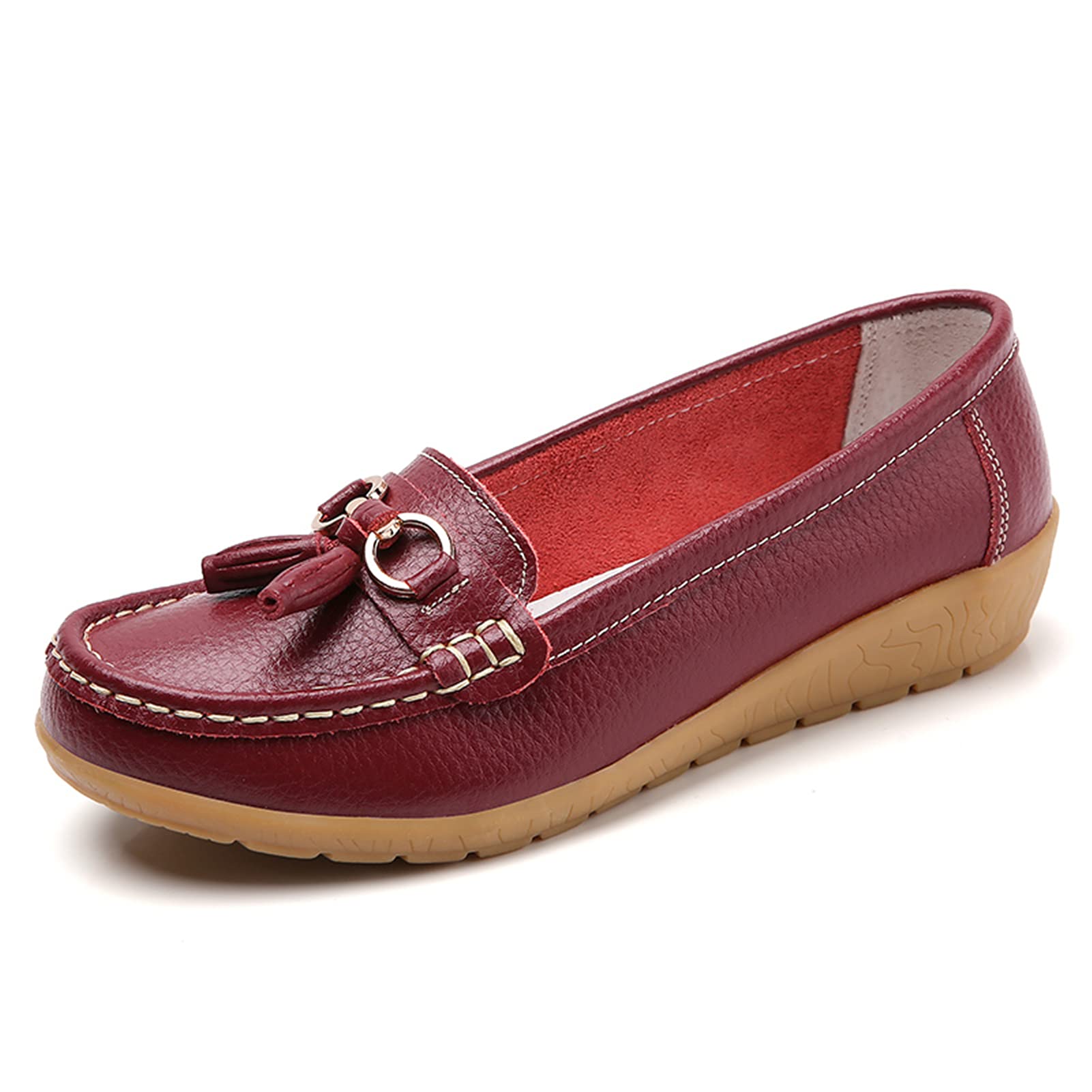 Women Loafers Leather Rubber Sole Slip On Walking Flats Casual Moccasin Boat Shoes